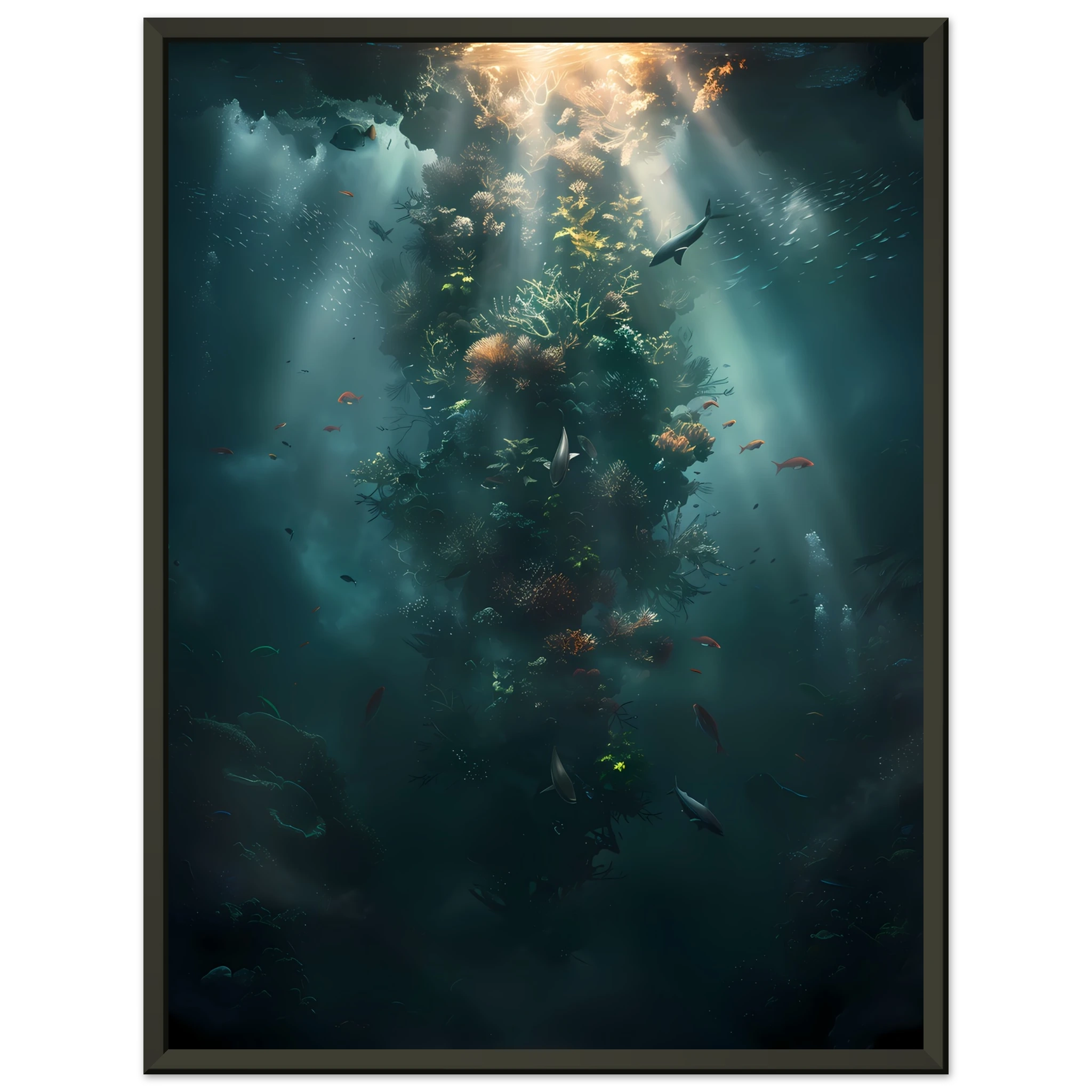 Neon coral reef glowing under ocean light — vivid underwater fantasy wall art.