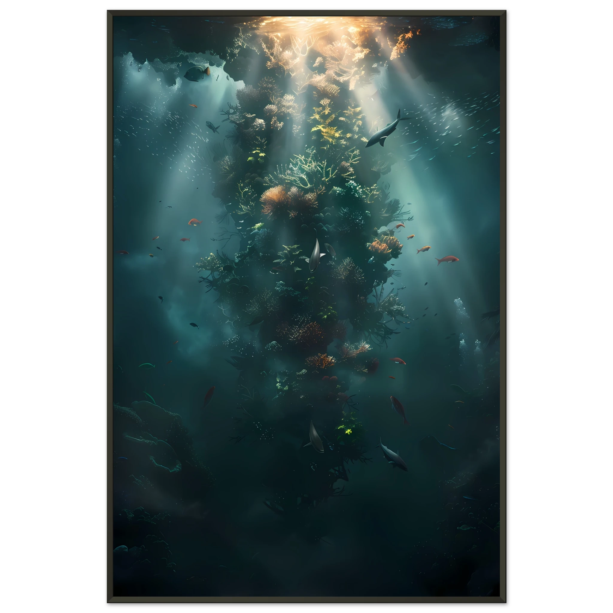 Neon coral reef glowing under ocean light — vivid underwater fantasy wall art.