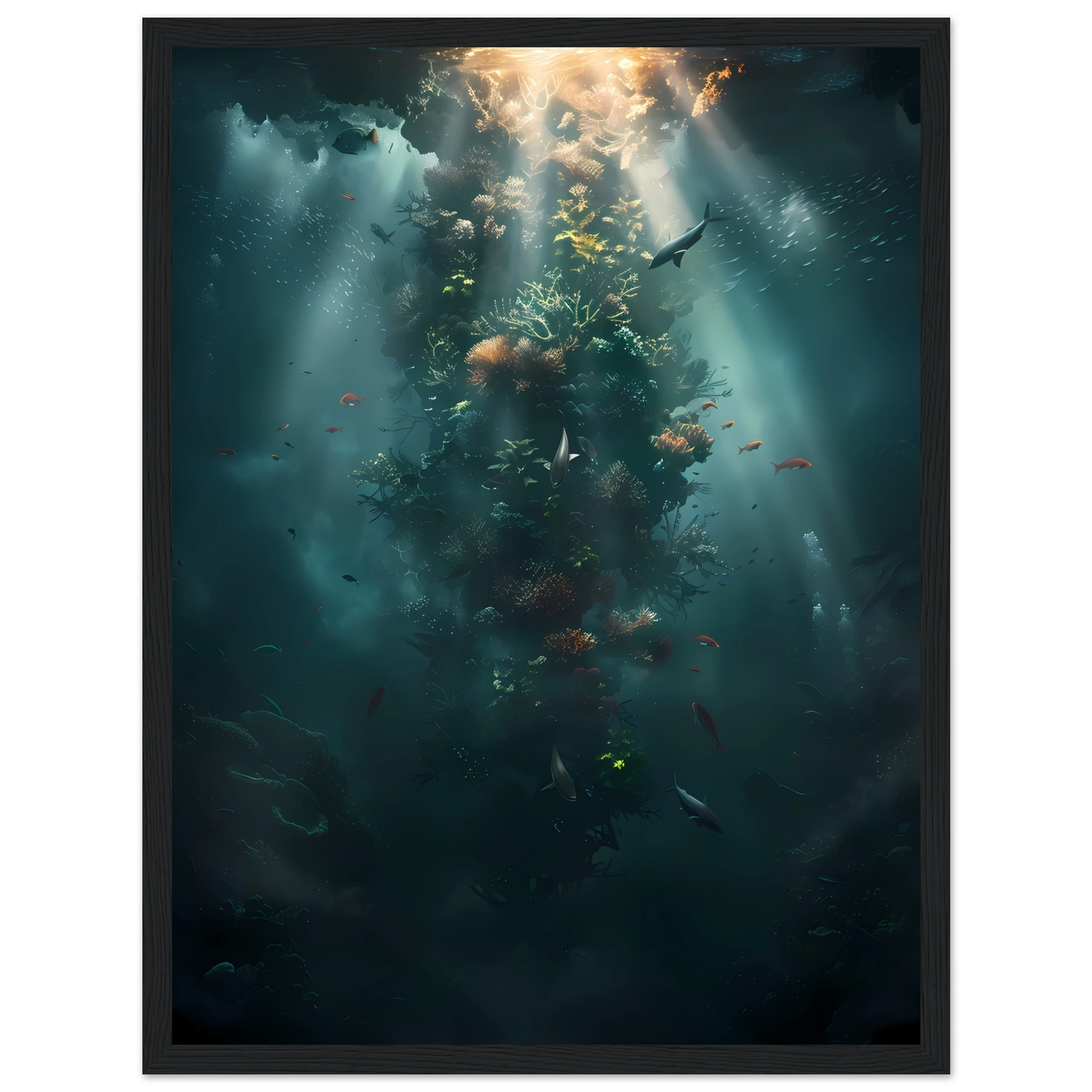 Neon coral reef glowing under ocean light — vivid underwater fantasy wall art.