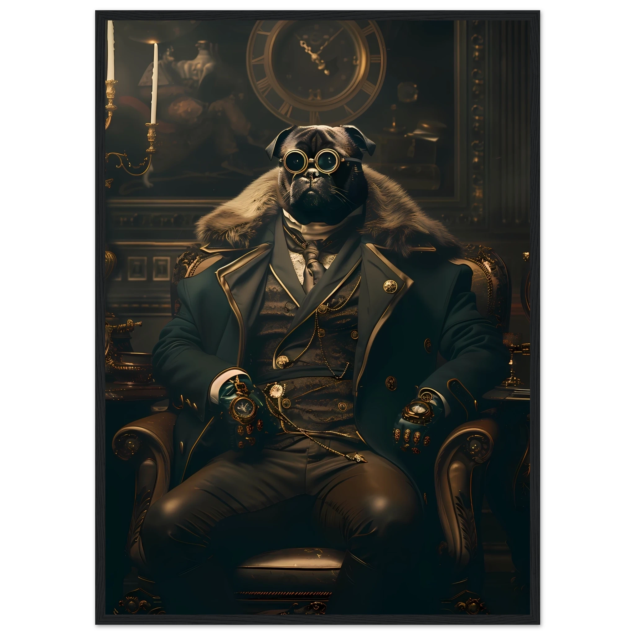 Pug dressed in Victorian attire with monocle — witty historical-style pet art print.