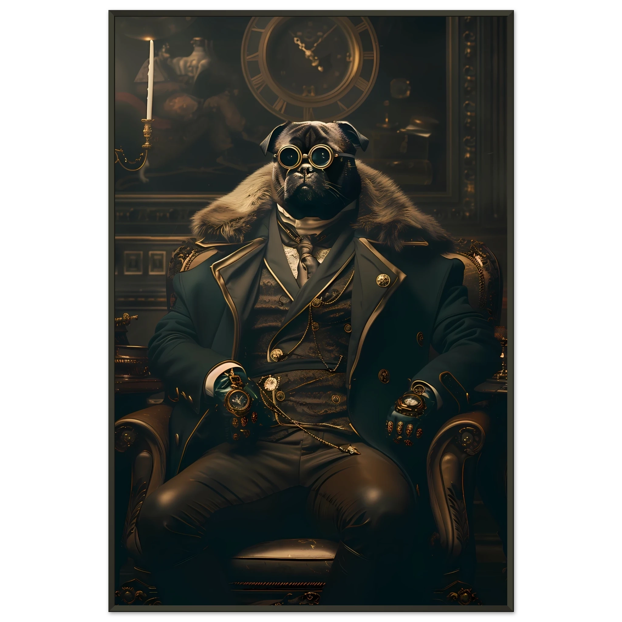 Pug dressed in Victorian attire with monocle — witty historical-style pet art print.