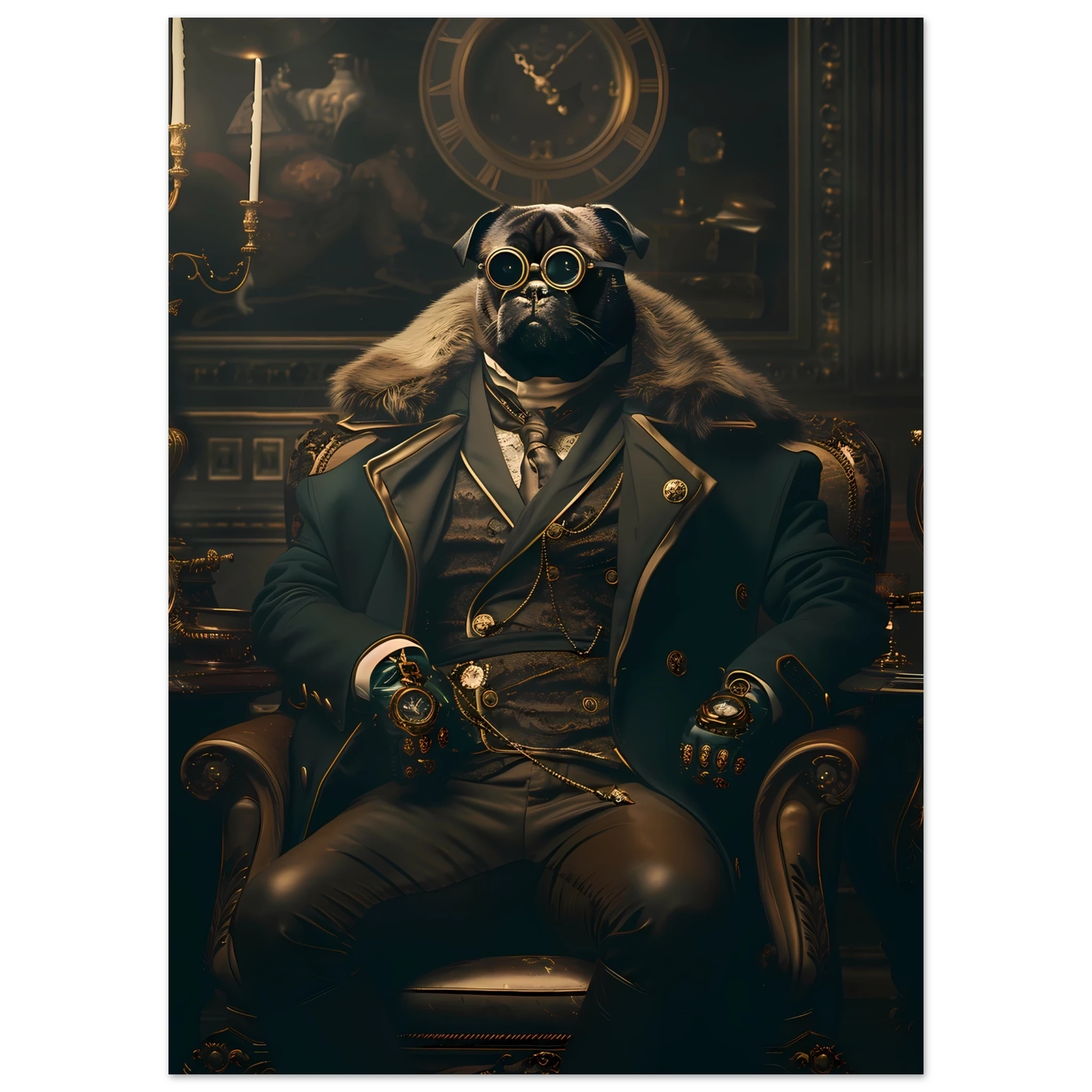 Pug dressed in Victorian attire with monocle — witty historical-style pet art print.
