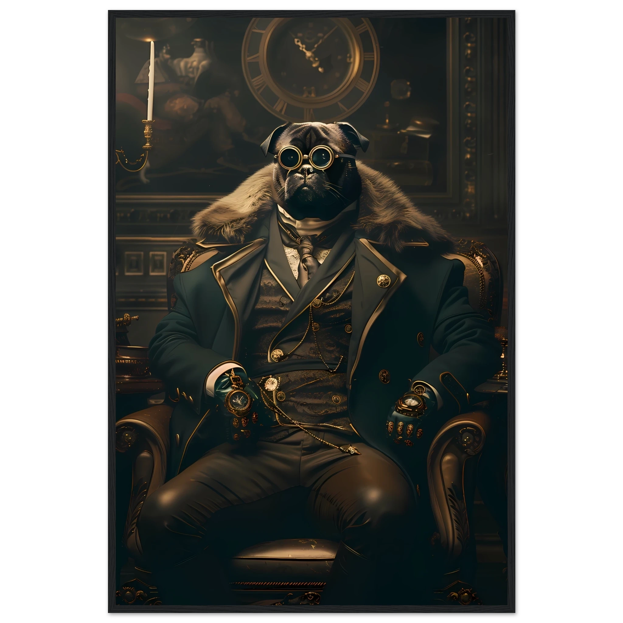 Pug dressed in Victorian attire with monocle — witty historical-style pet art print.