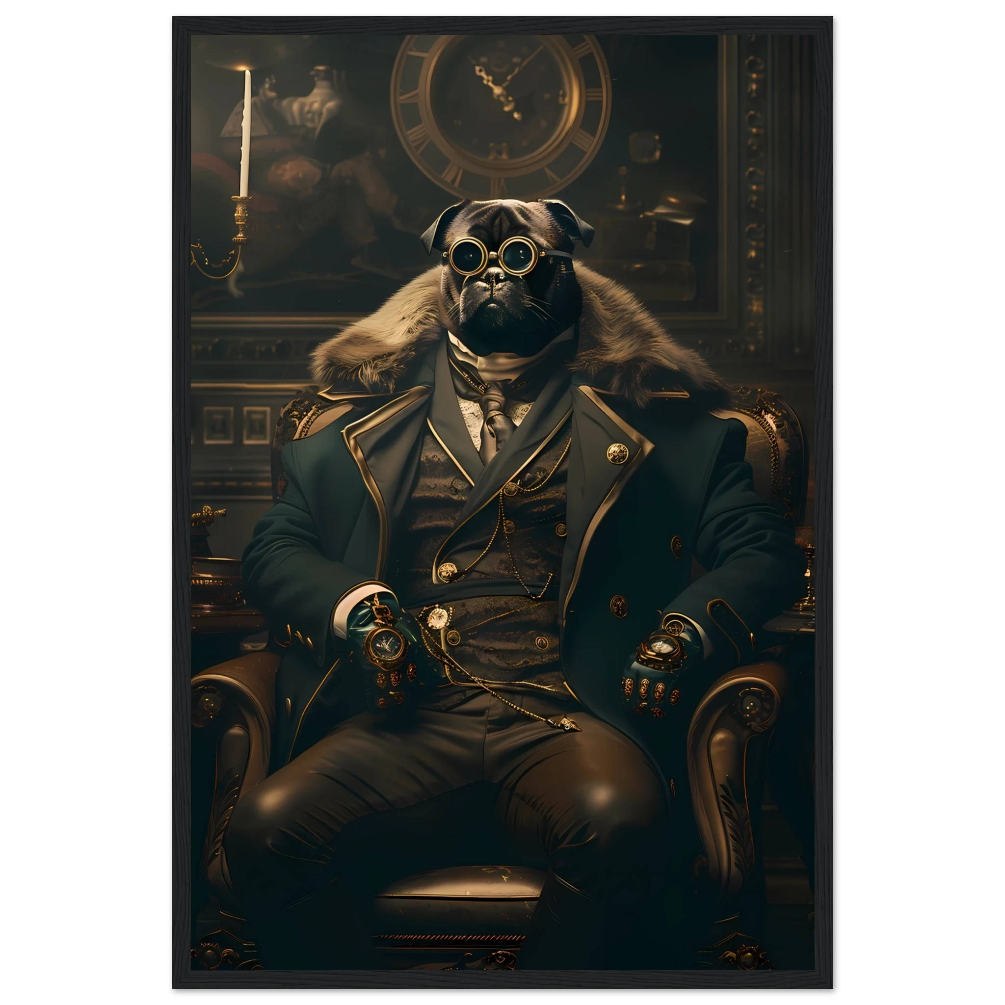 Pug dressed in Victorian attire with monocle — witty historical-style pet art print.