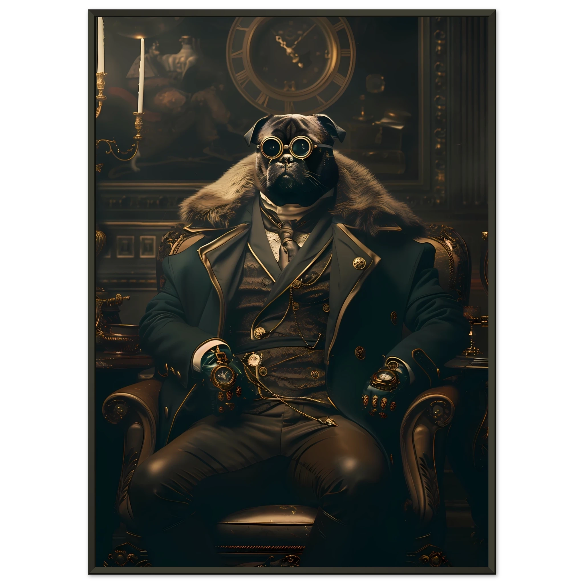 Pug dressed in Victorian attire with monocle — witty historical-style pet art print.