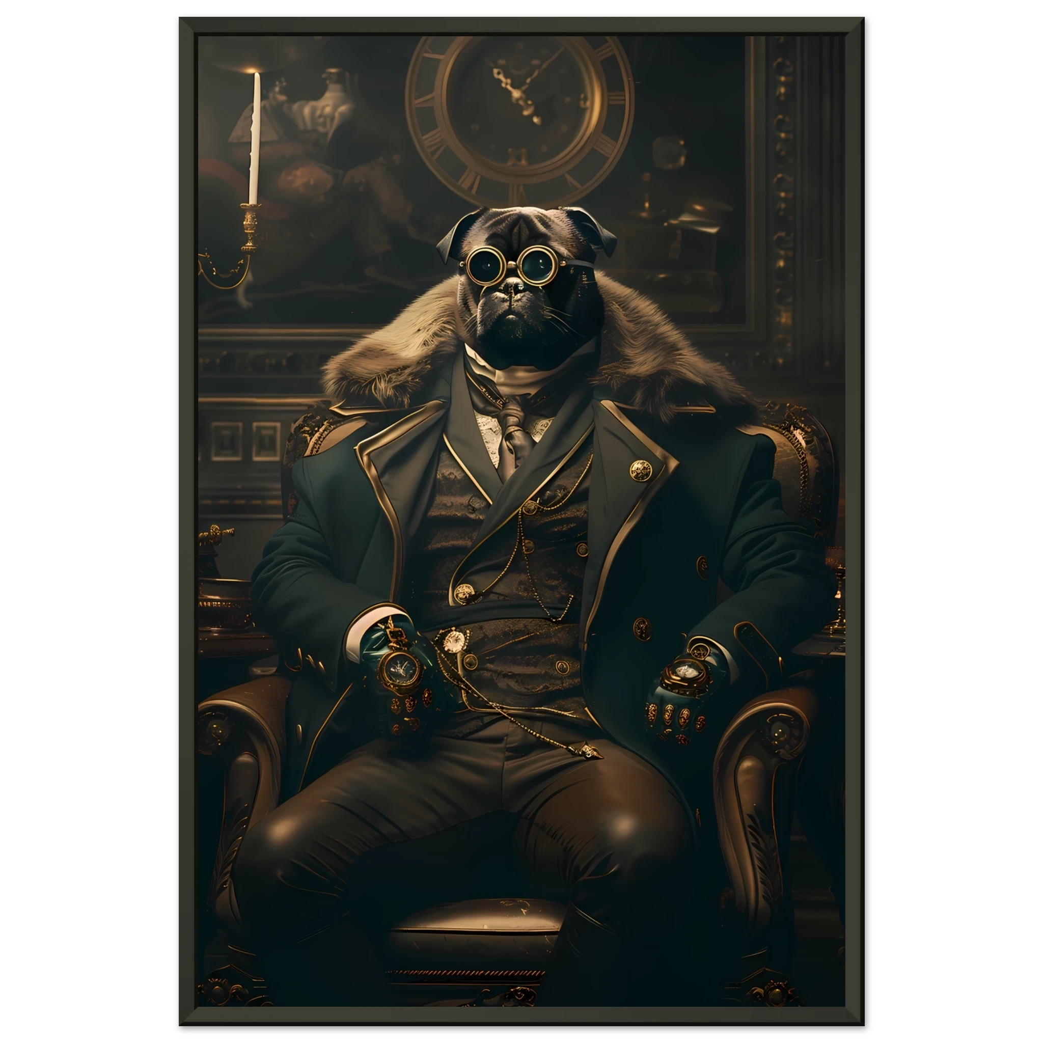 Pug dressed in Victorian attire with monocle — witty historical-style pet art print.