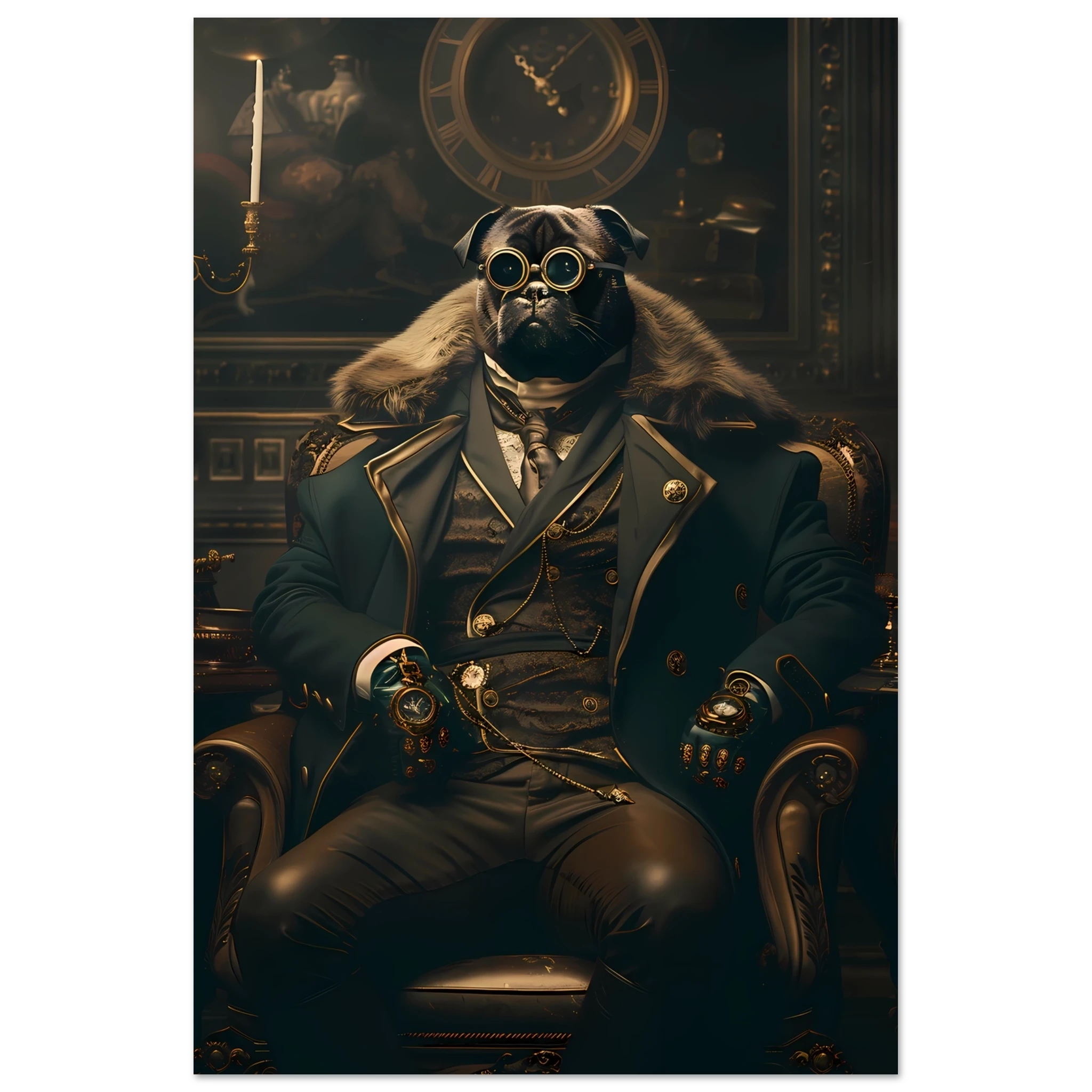 Pug dressed in Victorian attire with monocle — witty historical-style pet art print.