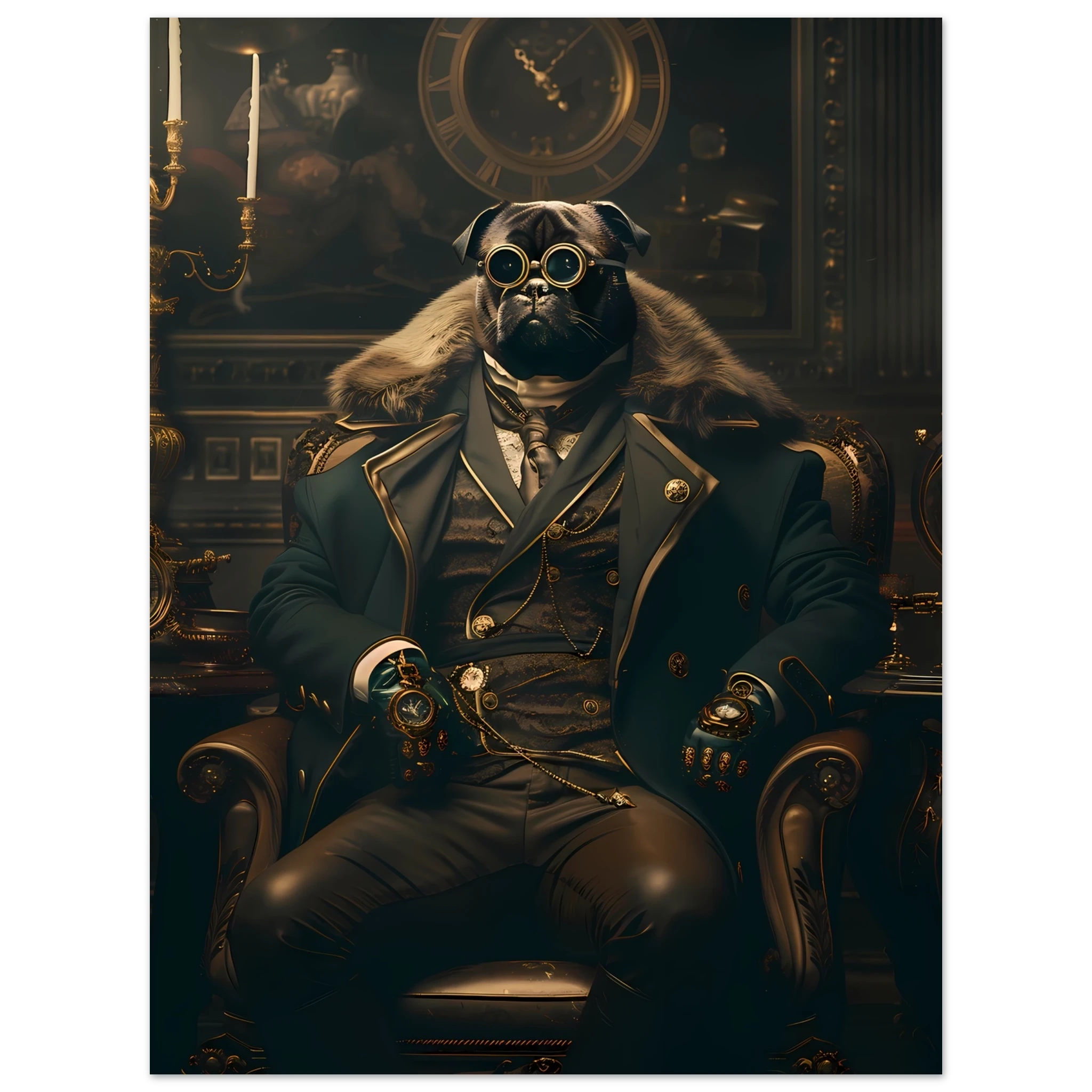 Pug dressed in Victorian attire with monocle — witty historical-style pet art print.