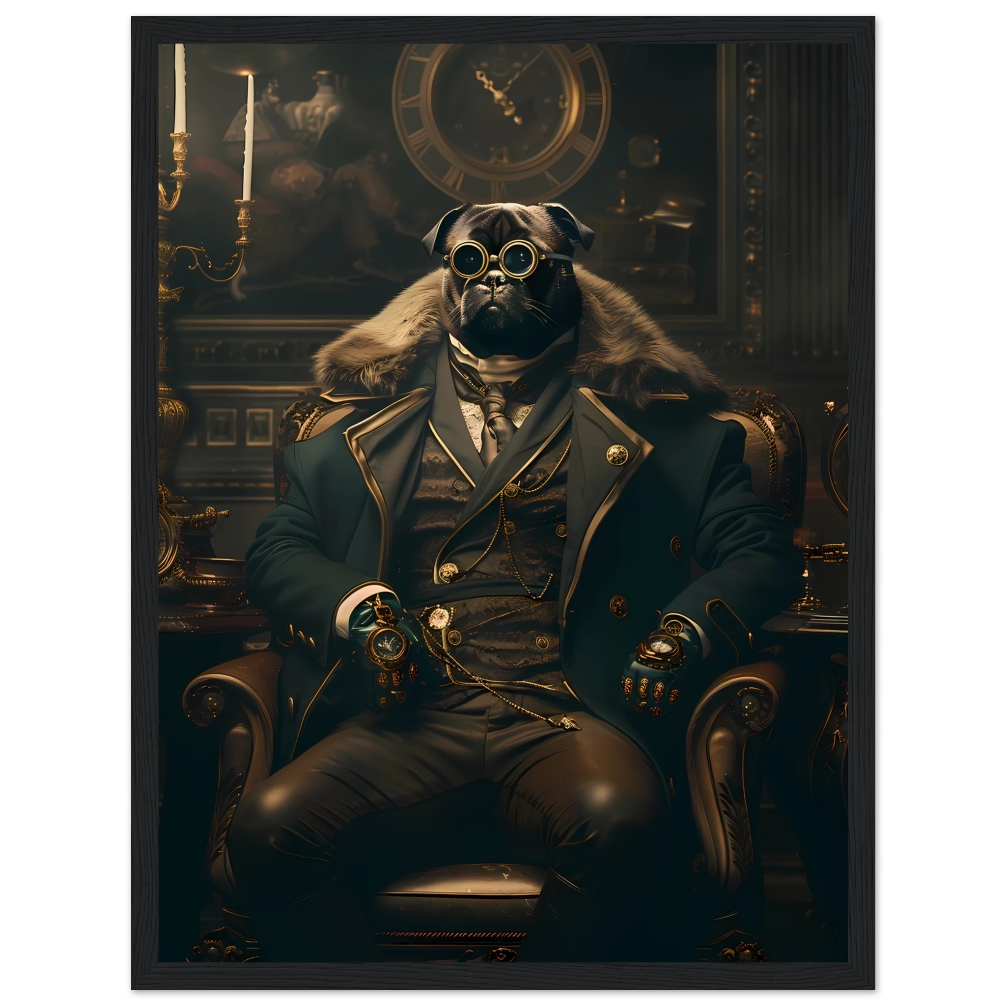 Pug dressed in Victorian attire with monocle — witty historical-style pet art print.