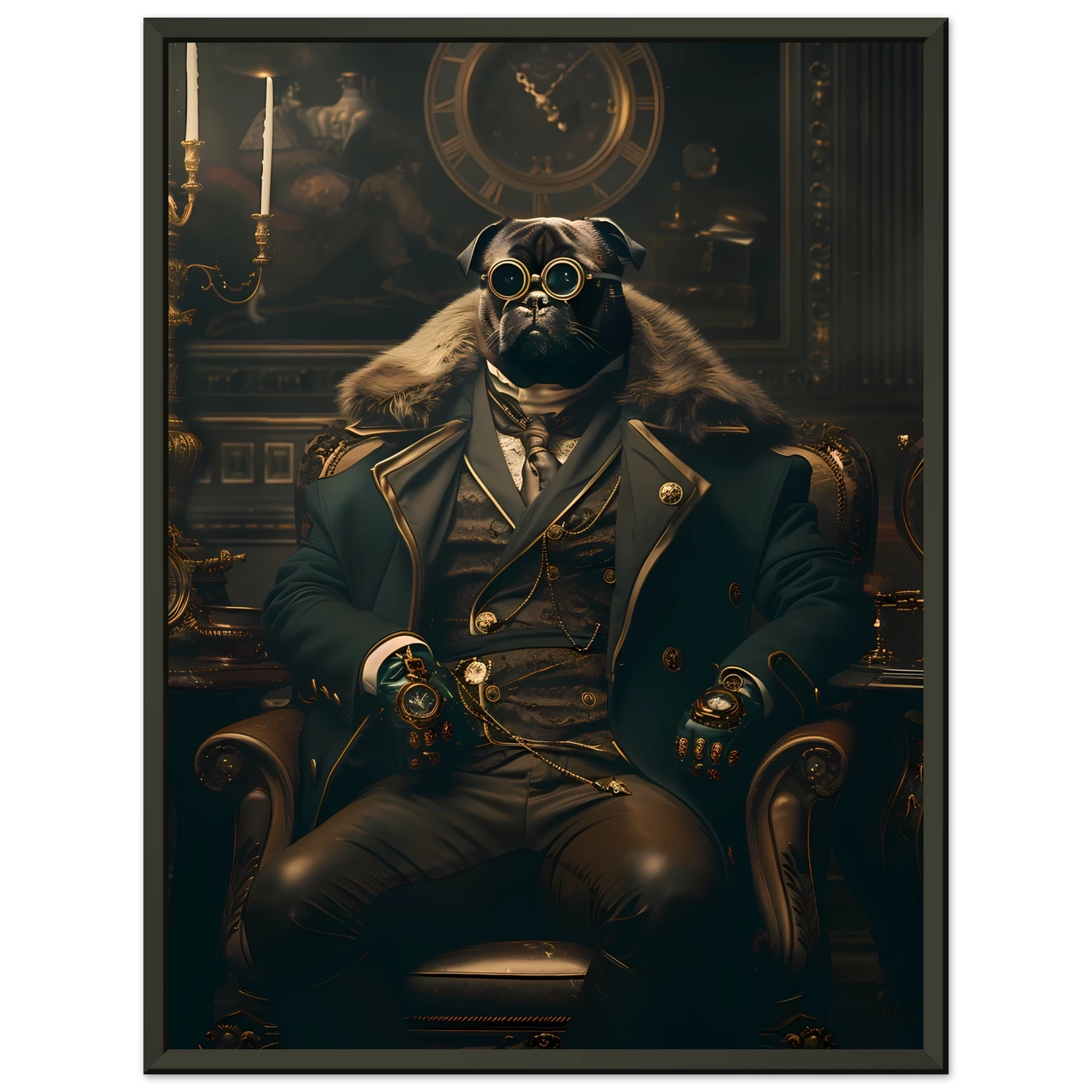 Pug dressed in Victorian attire with monocle — witty historical-style pet art print.