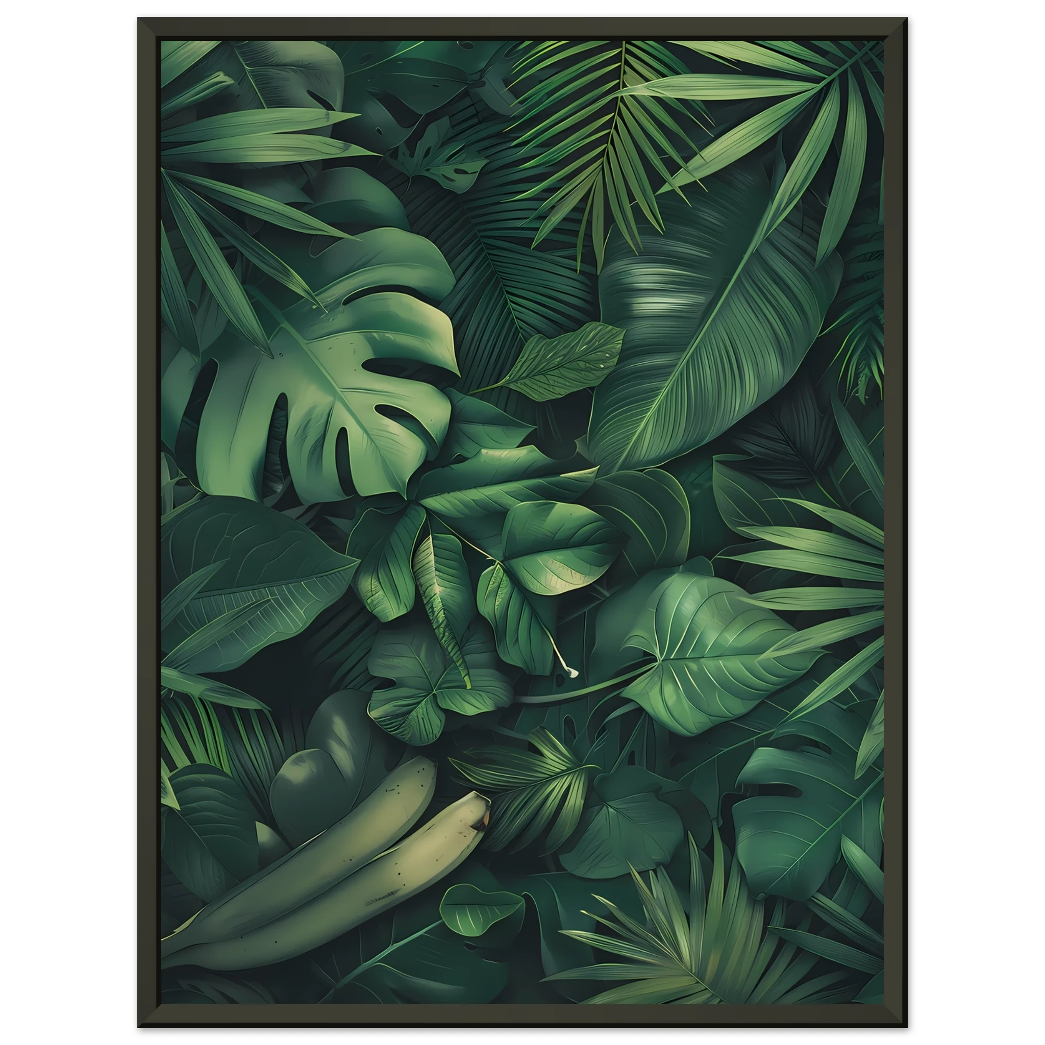 Watercolor palm and banana leaves collage — vibrant tropical botanical print.