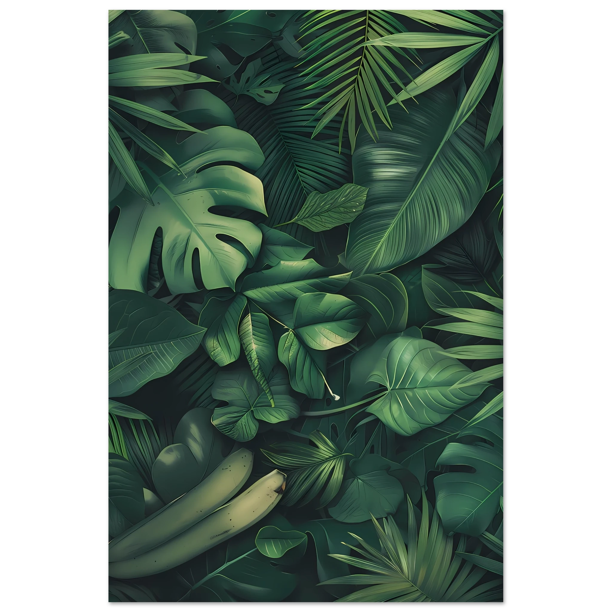 Watercolor palm and banana leaves collage — vibrant tropical botanical print.