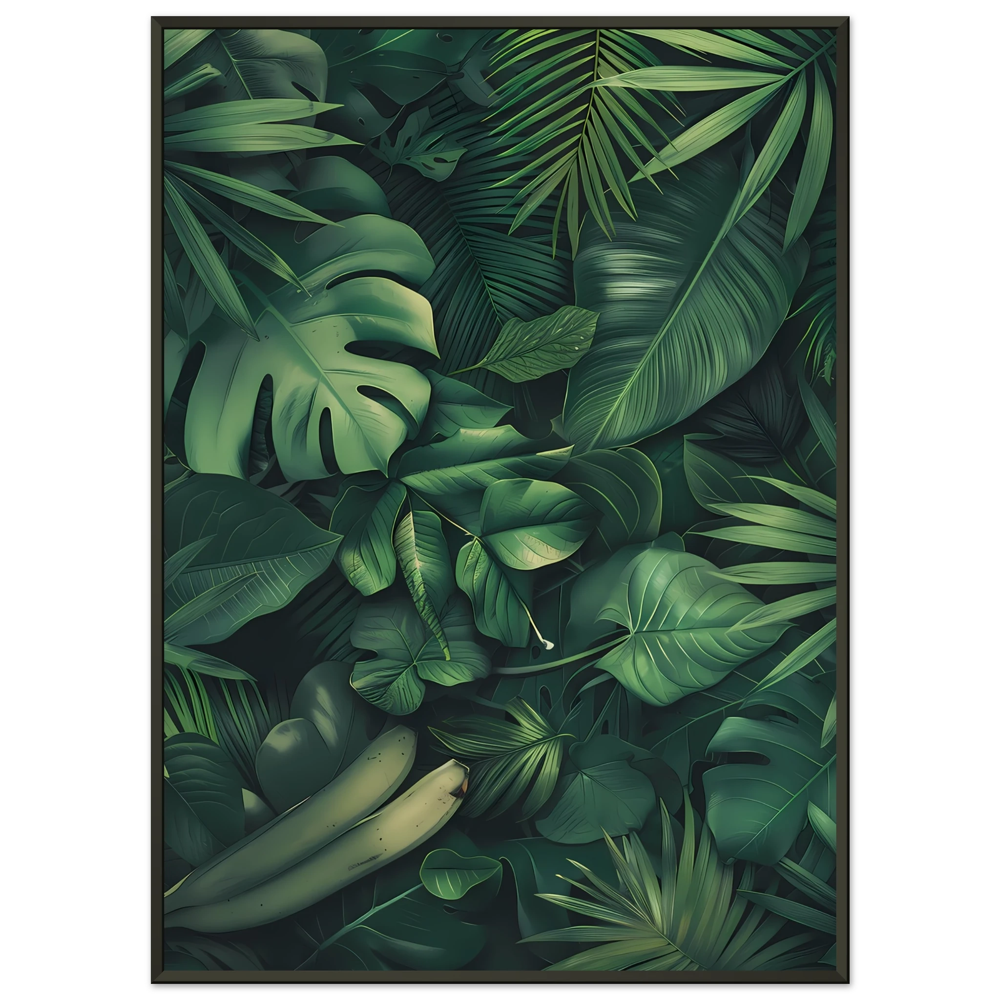 Watercolor palm and banana leaves collage — vibrant tropical botanical print.