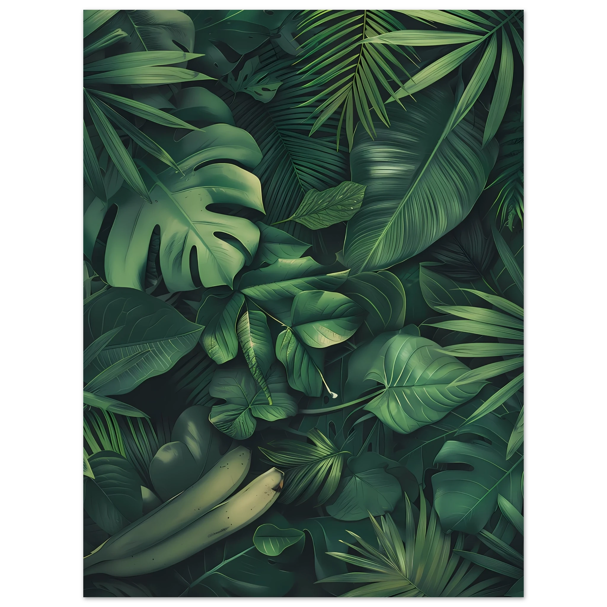 Watercolor palm and banana leaves collage — vibrant tropical botanical print.