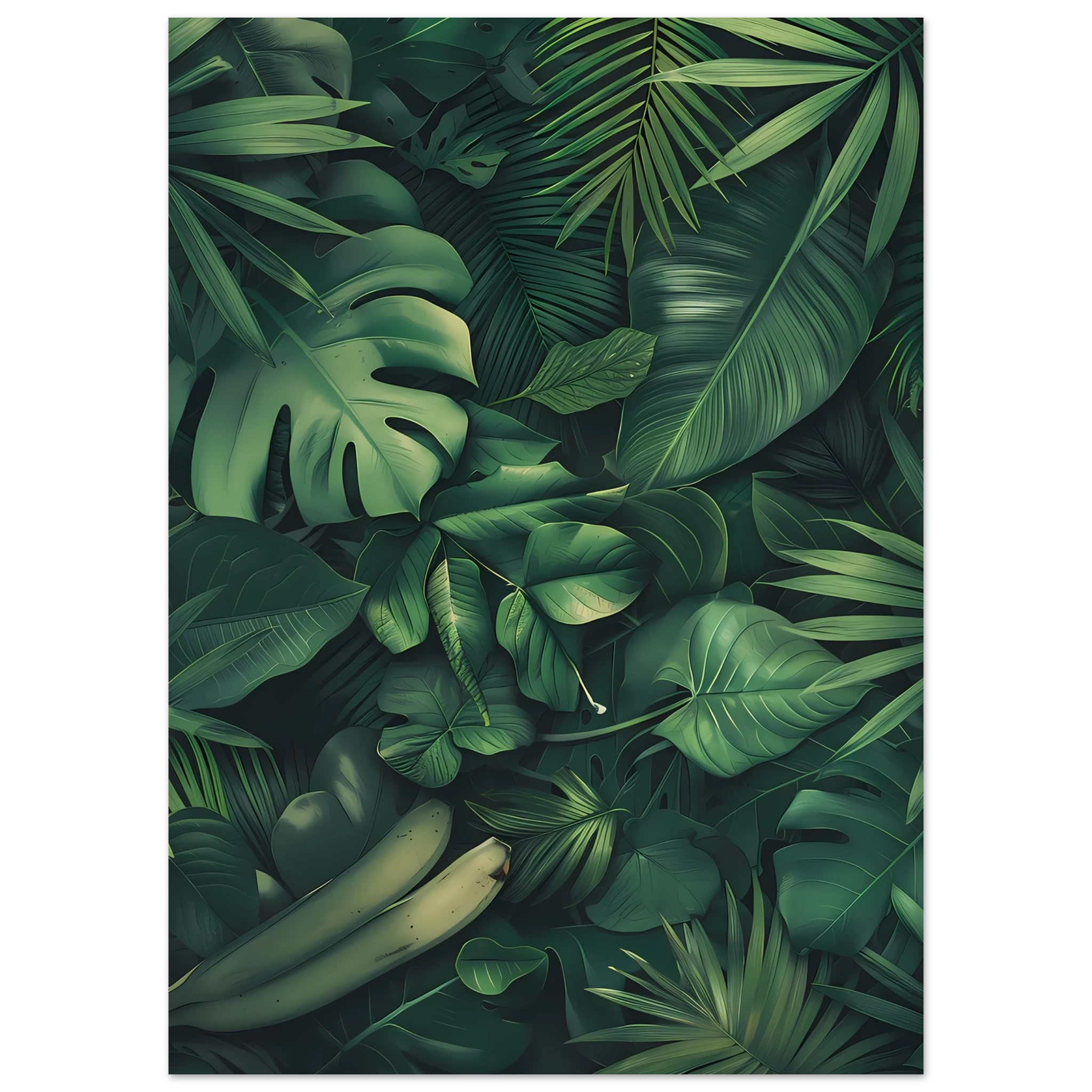 Watercolor palm and banana leaves collage — vibrant tropical botanical print.