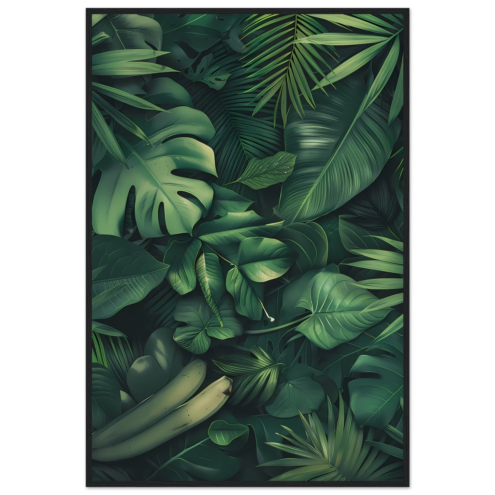 Watercolor palm and banana leaves collage — vibrant tropical botanical print.
