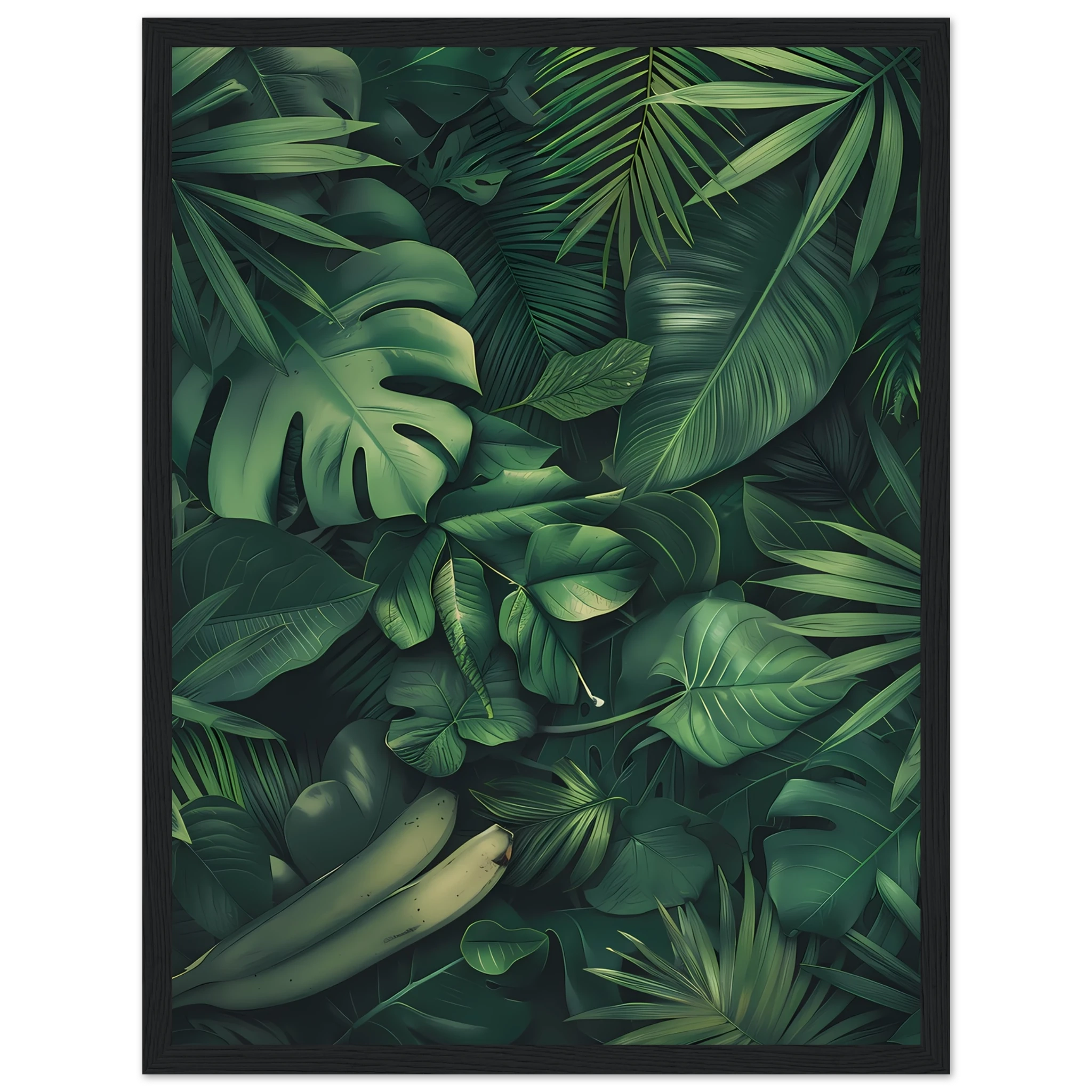 Watercolor palm and banana leaves collage — vibrant tropical botanical print.