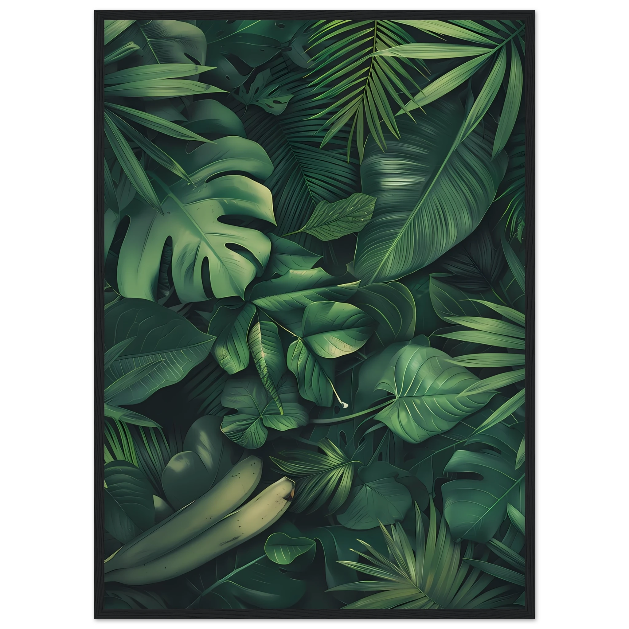 Watercolor palm and banana leaves collage — vibrant tropical botanical print.