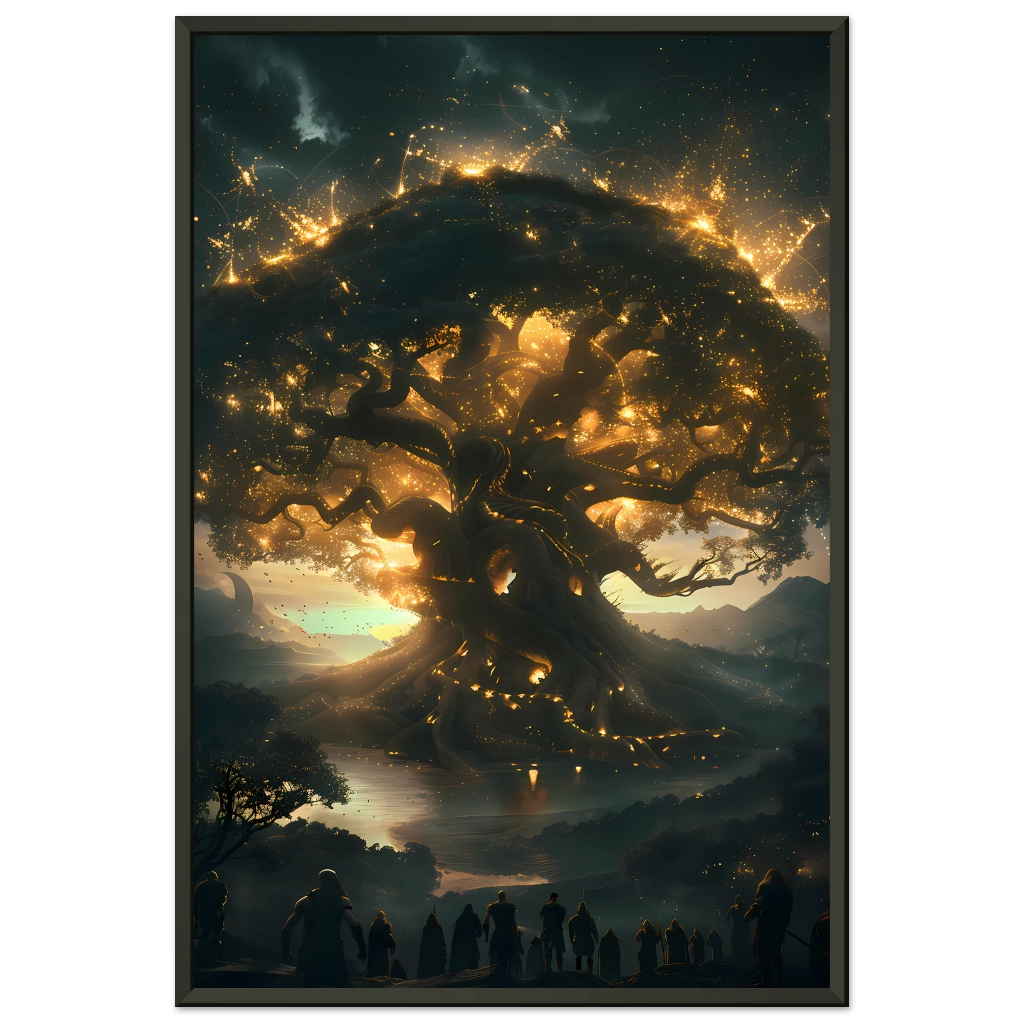 Yggdrasil glowing with cosmic energy connecting nine realms — Norse mythology fantasy print.