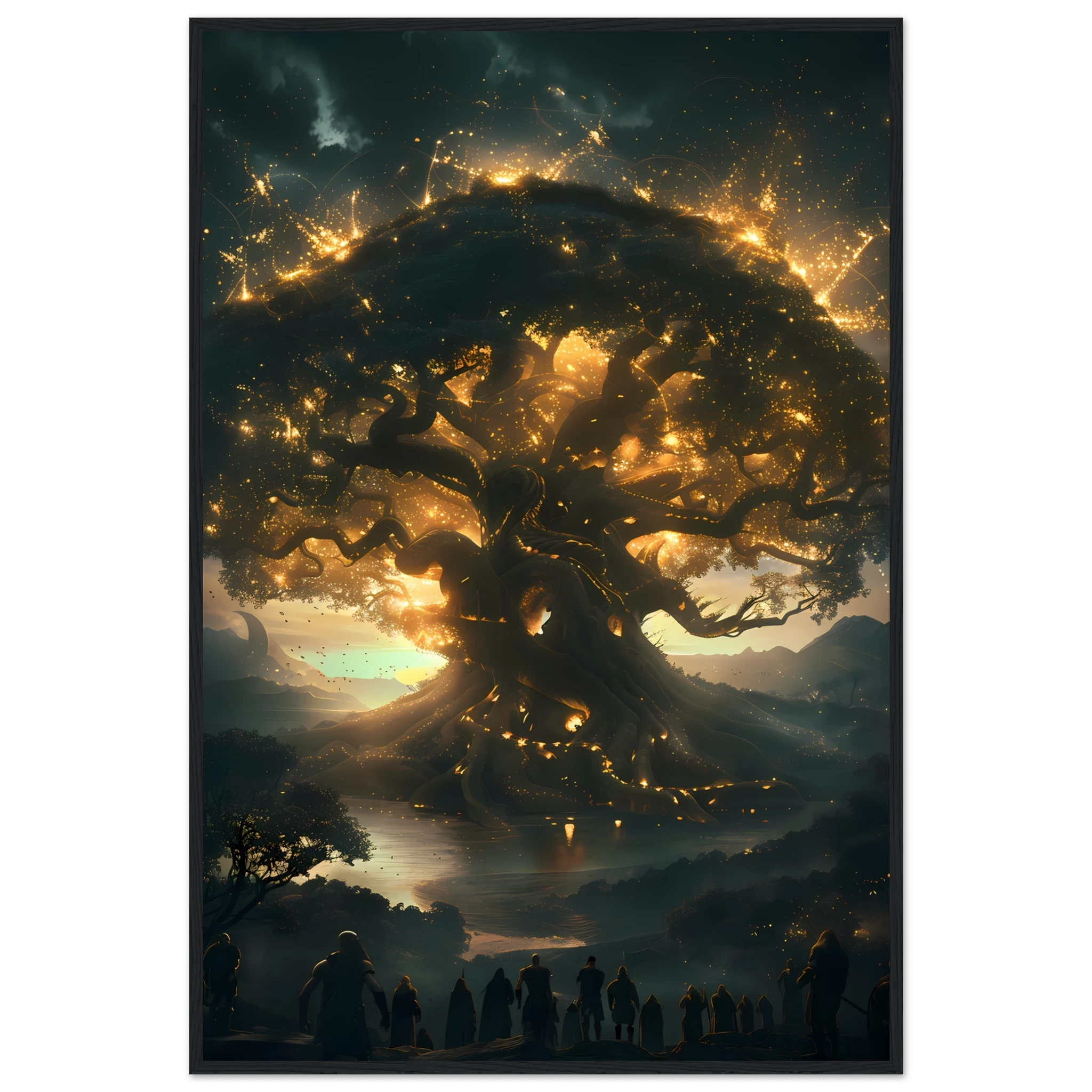 Yggdrasil glowing with cosmic energy connecting nine realms — Norse mythology fantasy print.