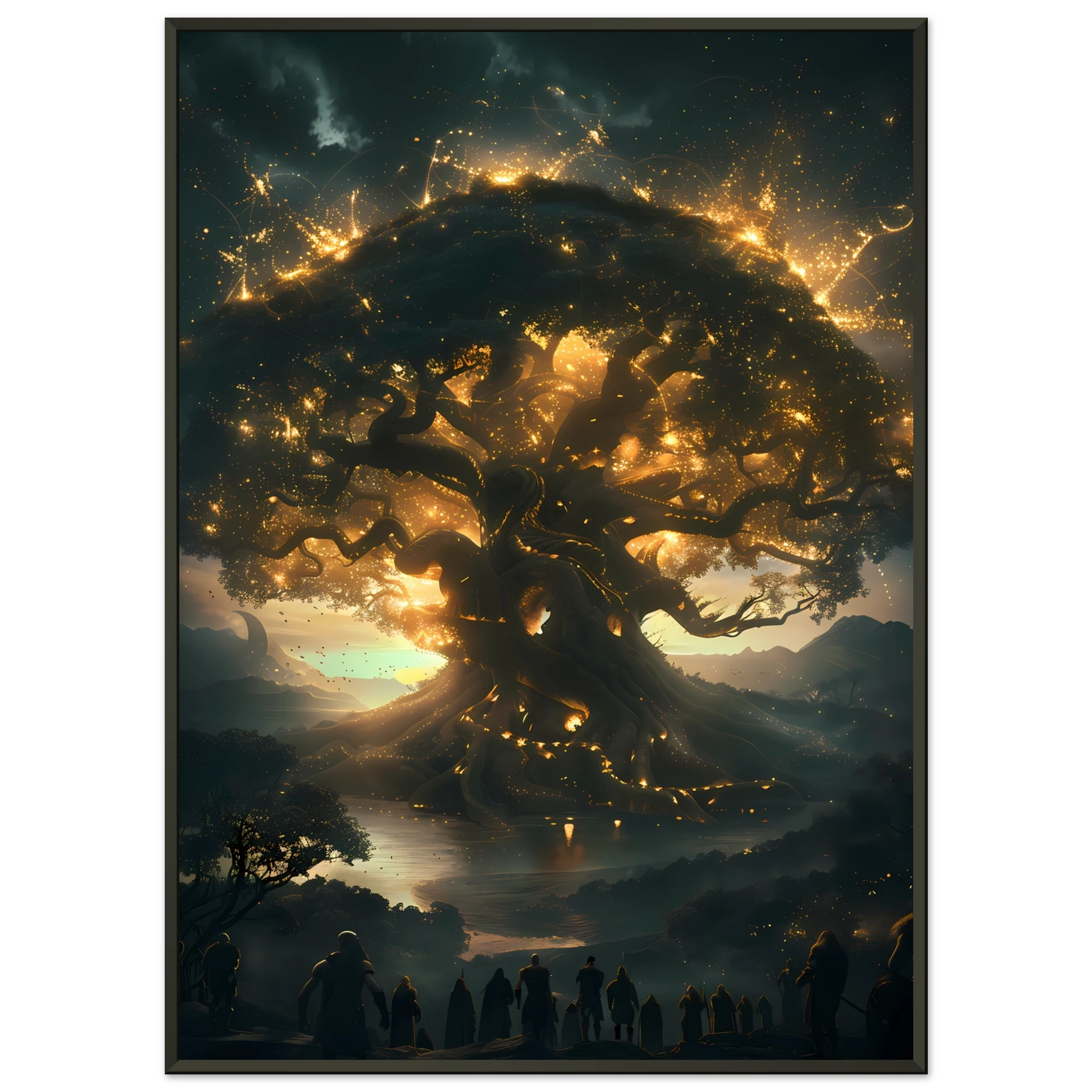 Yggdrasil glowing with cosmic energy connecting nine realms — Norse mythology fantasy print.