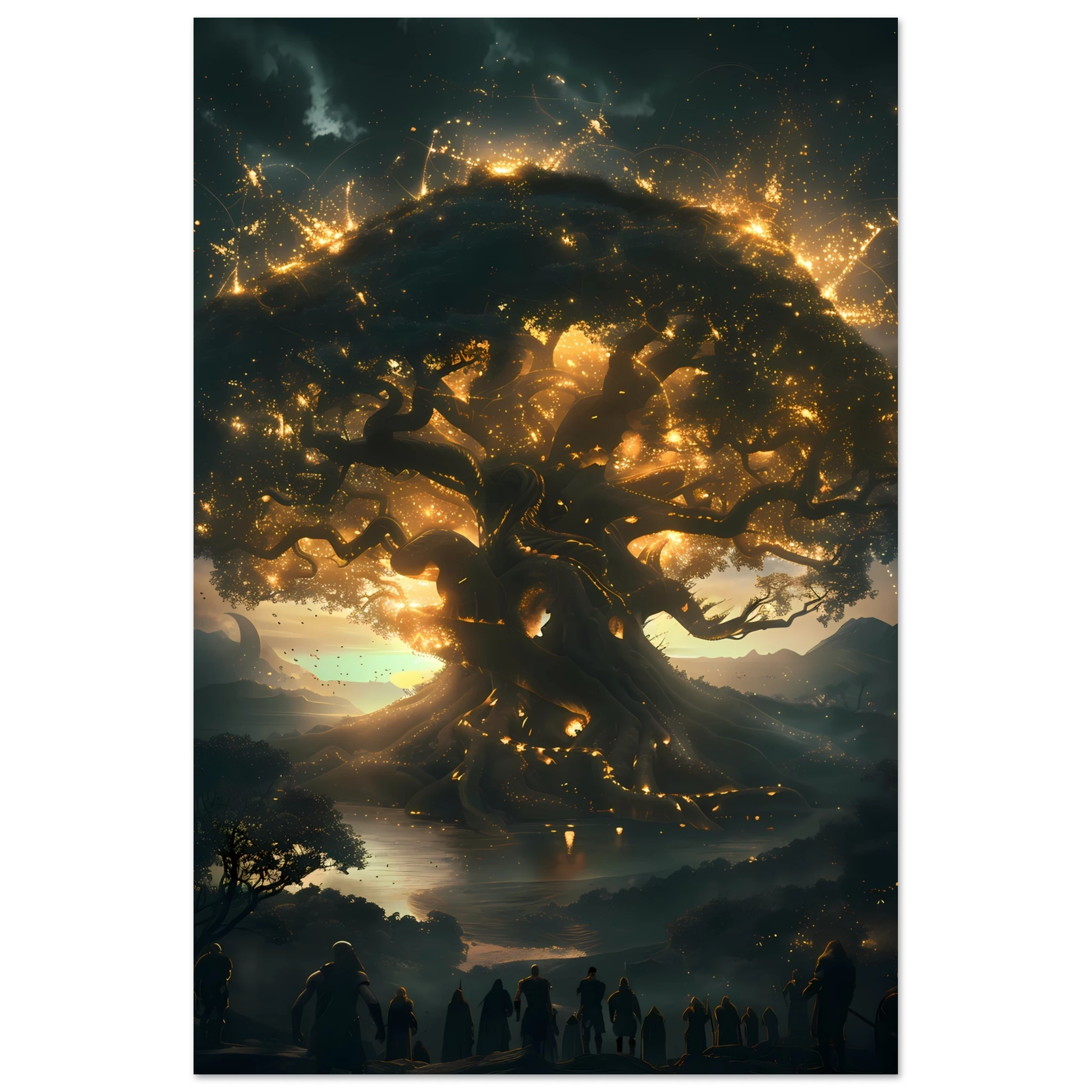 Yggdrasil glowing with cosmic energy connecting nine realms — Norse mythology fantasy print.