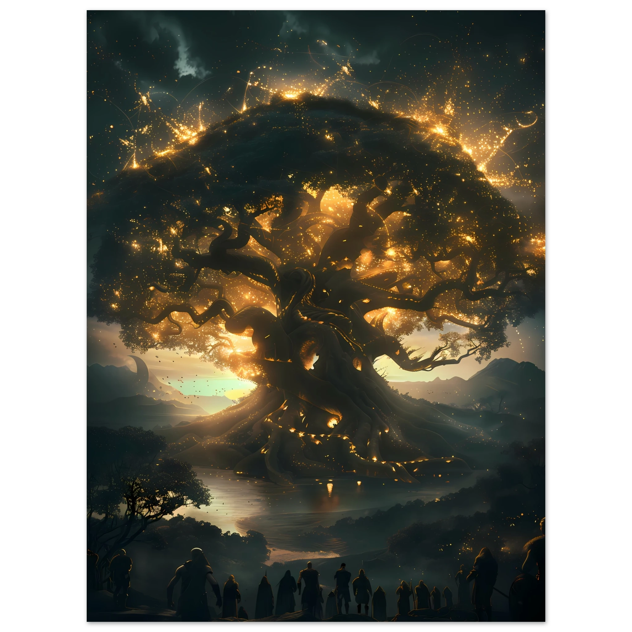 Yggdrasil glowing with cosmic energy connecting nine realms — Norse mythology fantasy print.