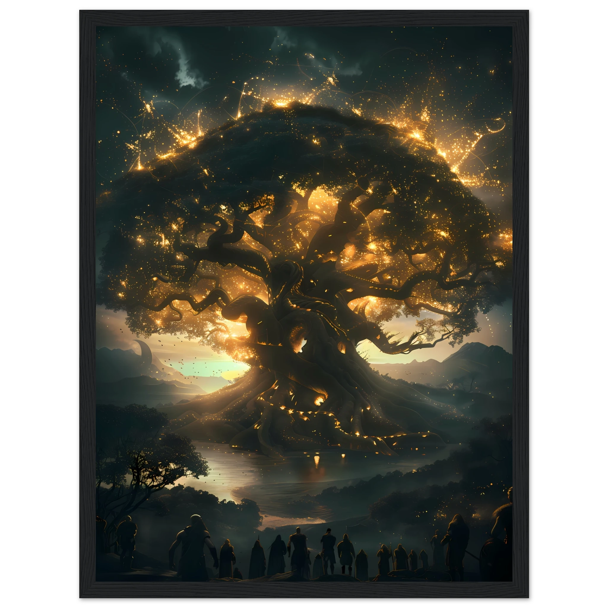 Yggdrasil glowing with cosmic energy connecting nine realms — Norse mythology fantasy print.