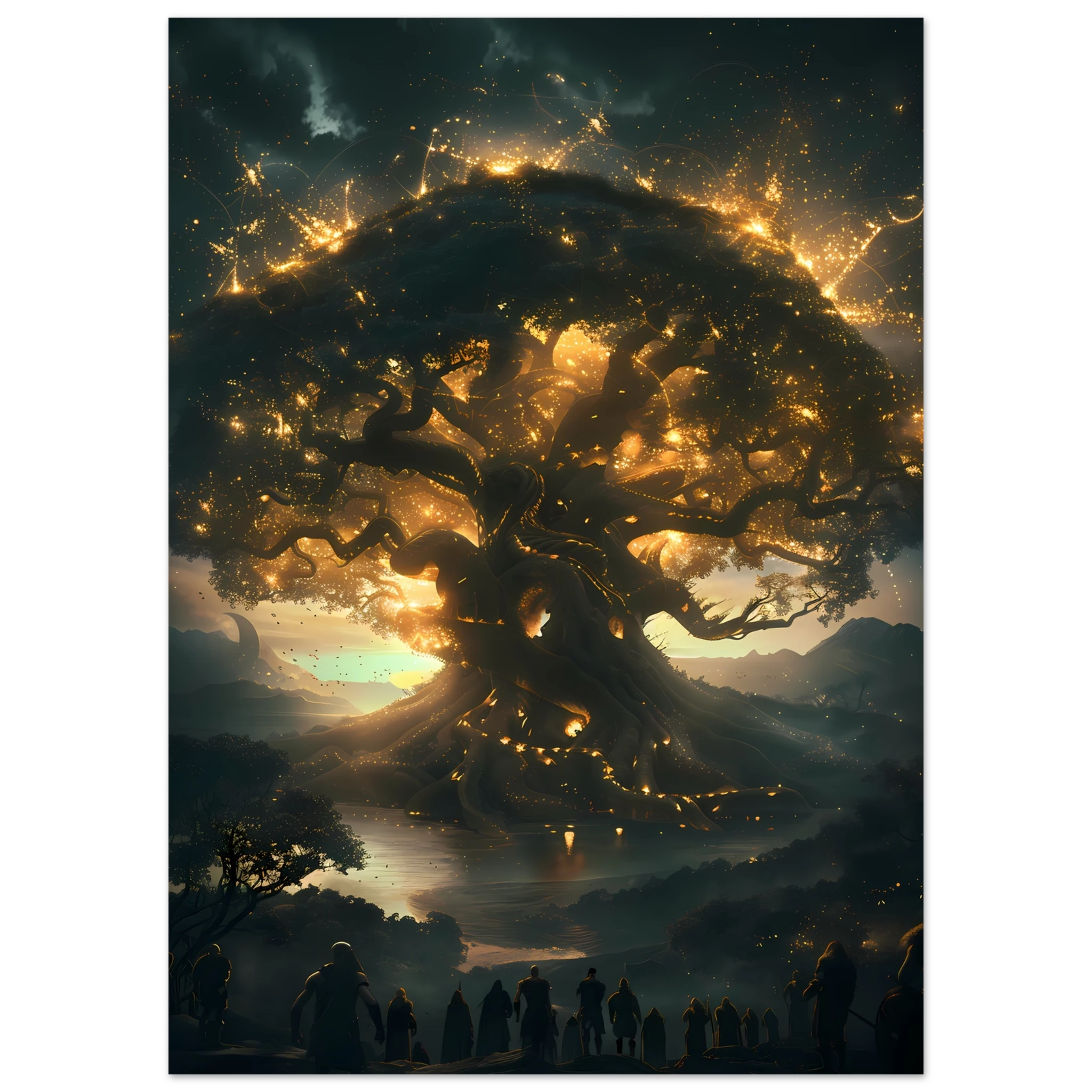 Yggdrasil glowing with cosmic energy connecting nine realms — Norse mythology fantasy print.