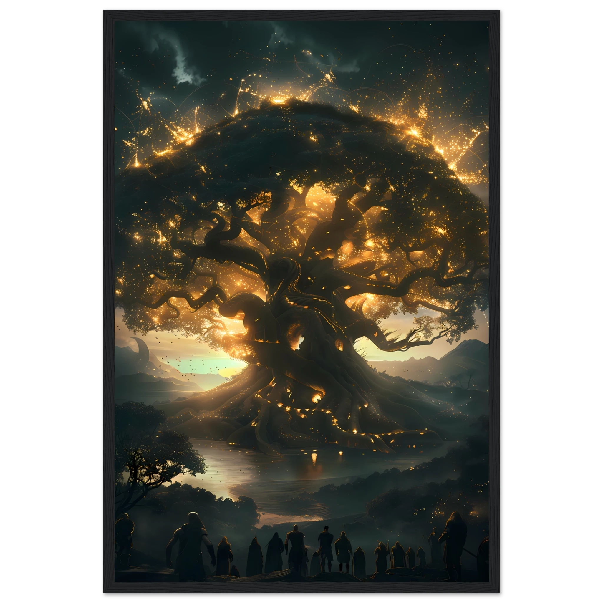 Yggdrasil glowing with cosmic energy connecting nine realms — Norse mythology fantasy print.