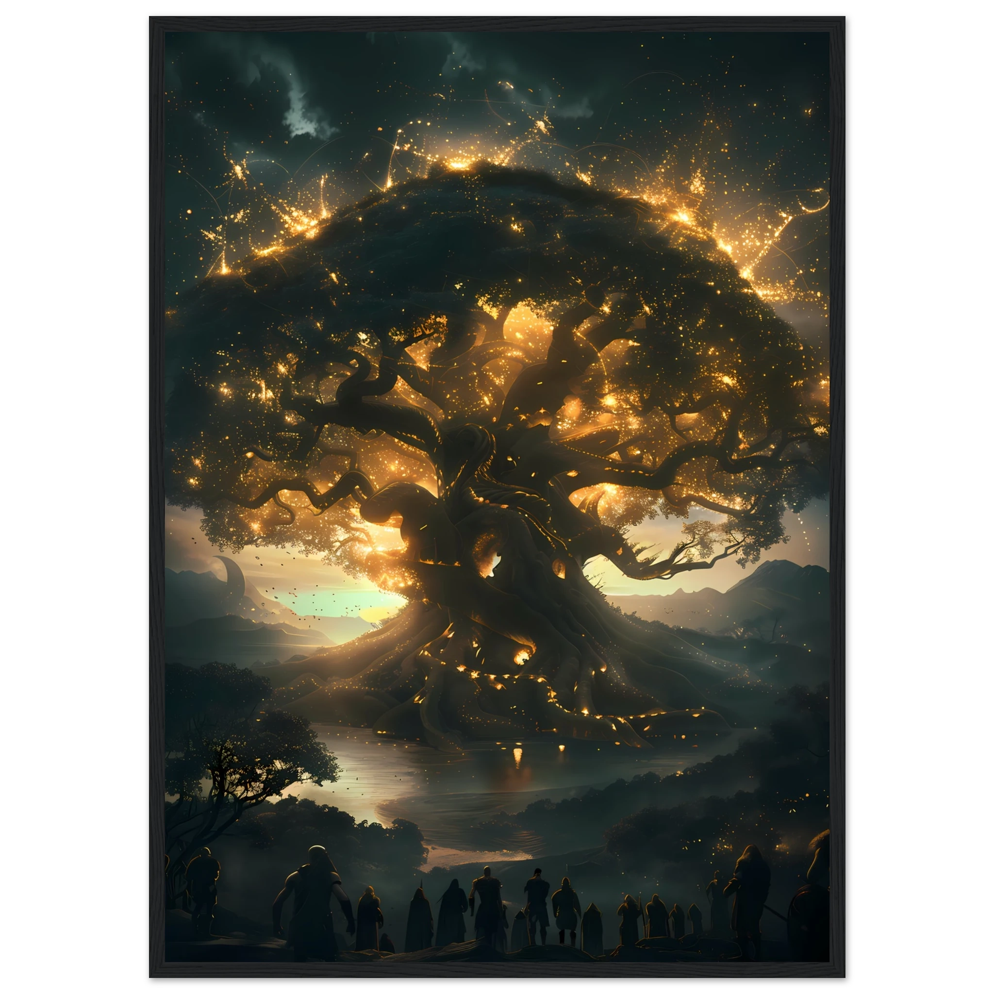 Yggdrasil glowing with cosmic energy connecting nine realms — Norse mythology fantasy print.
