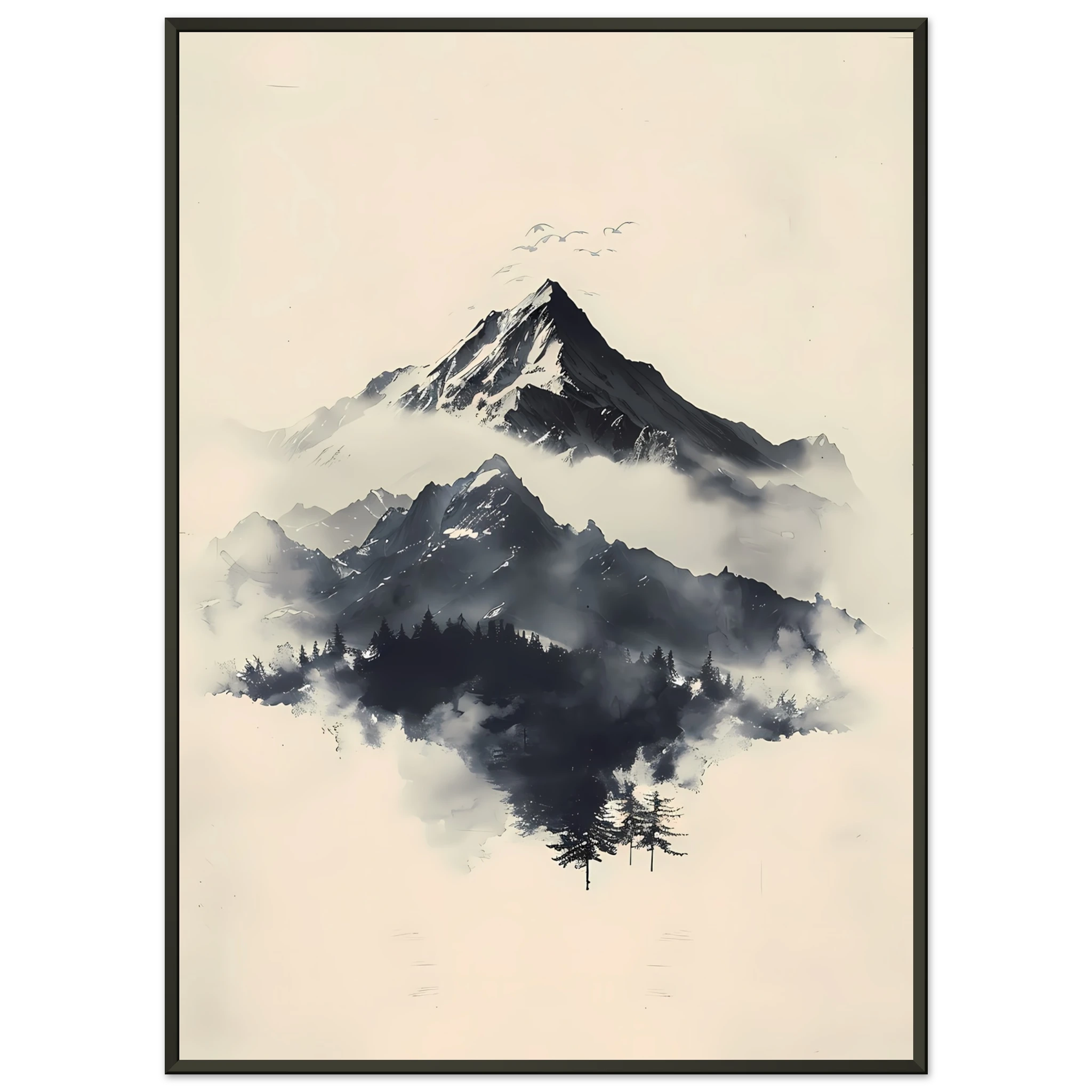 Minimal Japanese-style ink mountains with clean brush lines on parchment texture — serene wall print.