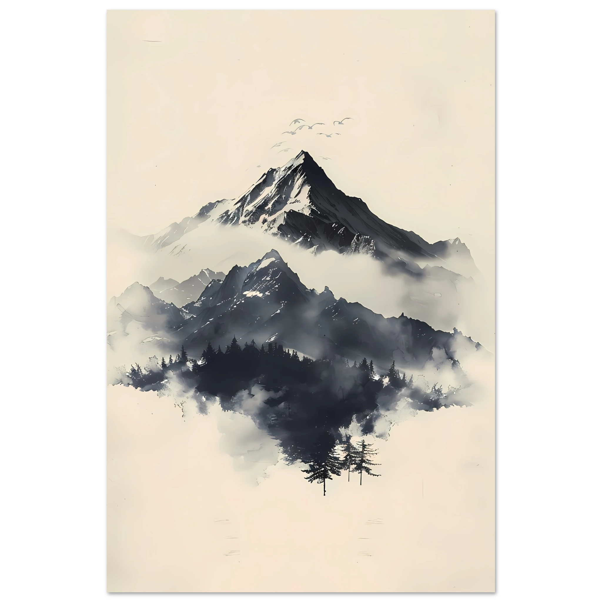 Minimal Japanese-style ink mountains with clean brush lines on parchment texture — serene wall print.