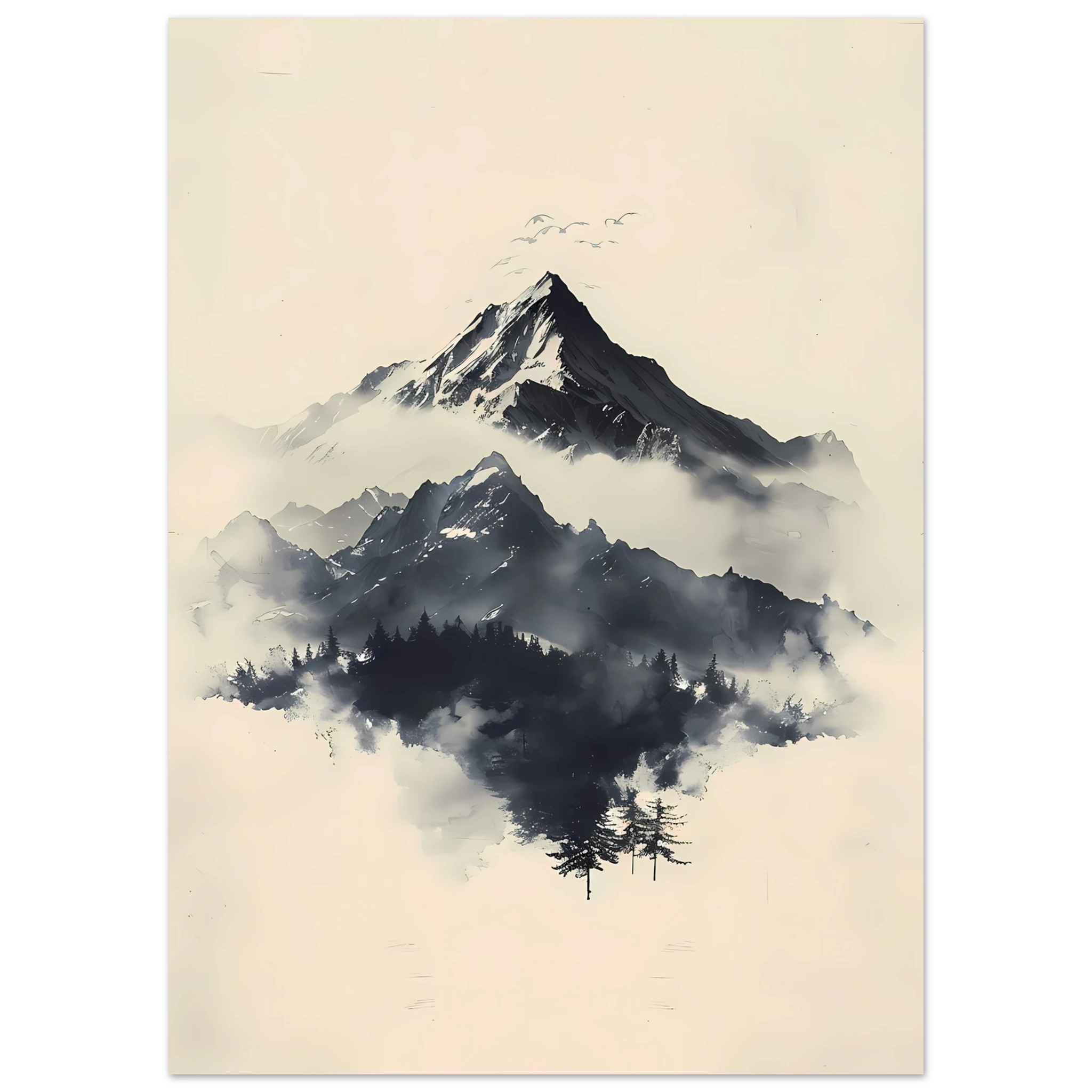 Minimal Japanese-style ink mountains with clean brush lines on parchment texture — serene wall print.