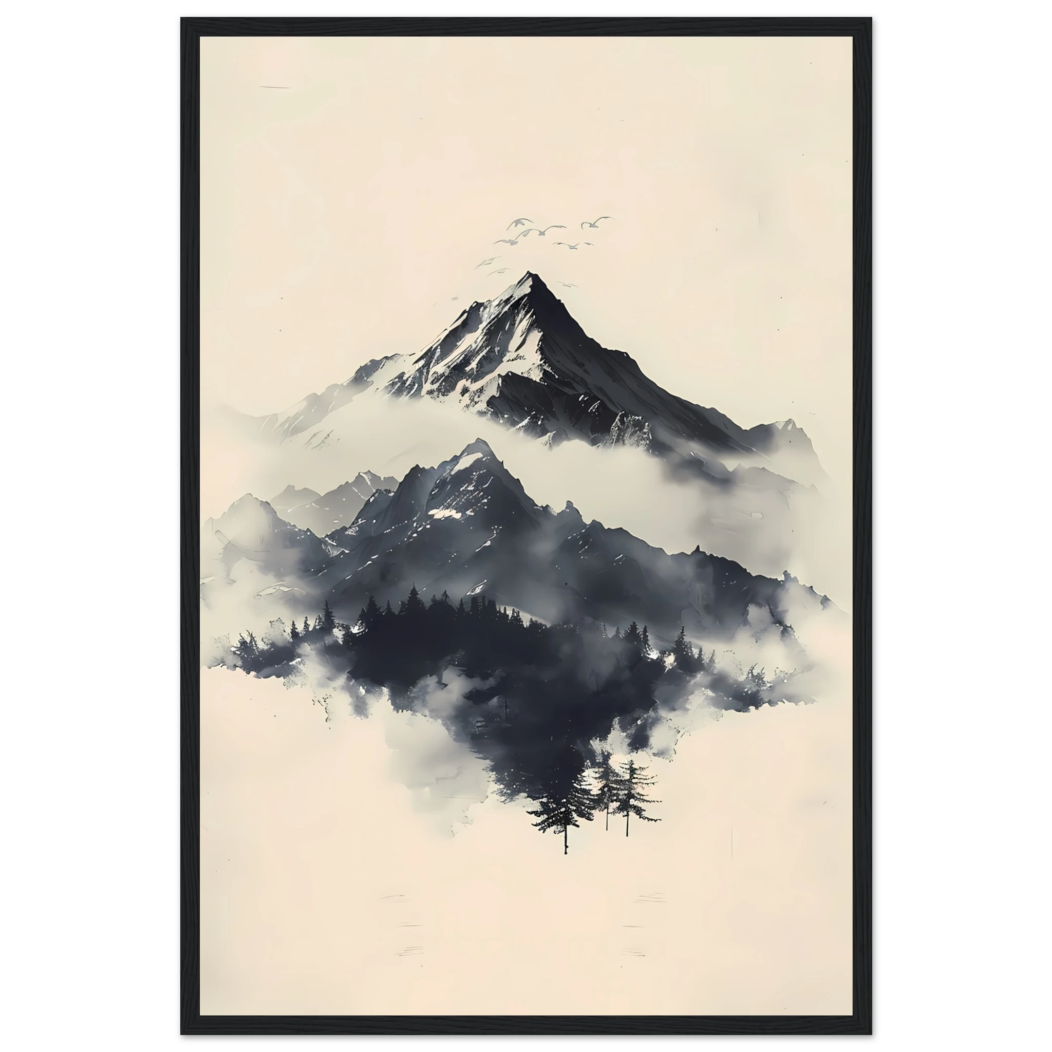 Minimal Japanese-style ink mountains with clean brush lines on parchment texture — serene wall print.