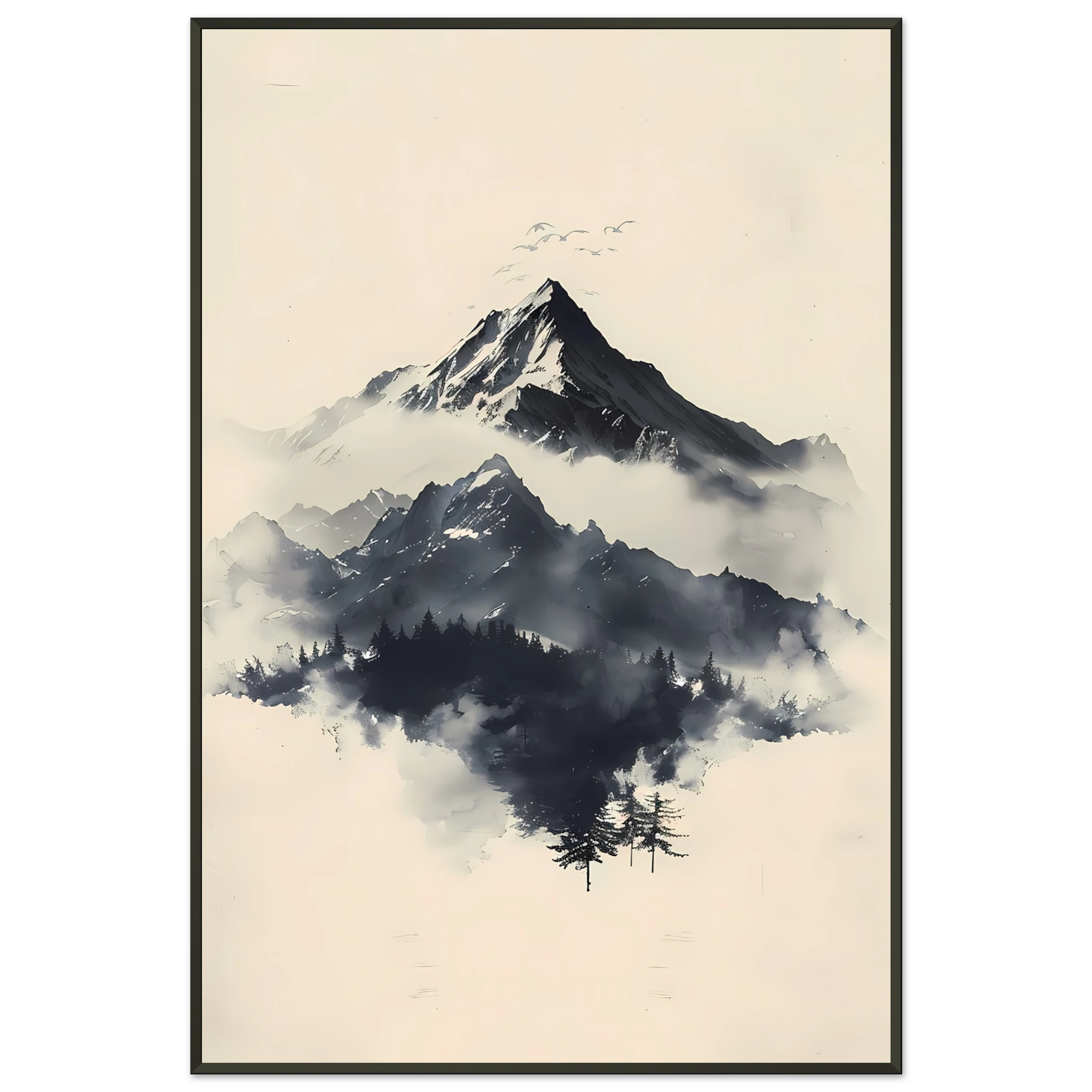 Minimal Japanese-style ink mountains with clean brush lines on parchment texture — serene wall print.