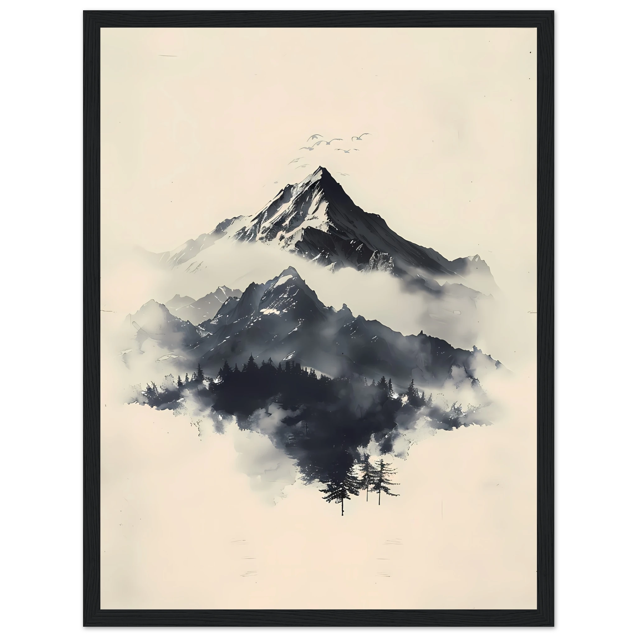 Minimal Japanese-style ink mountains with clean brush lines on parchment texture — serene wall print.