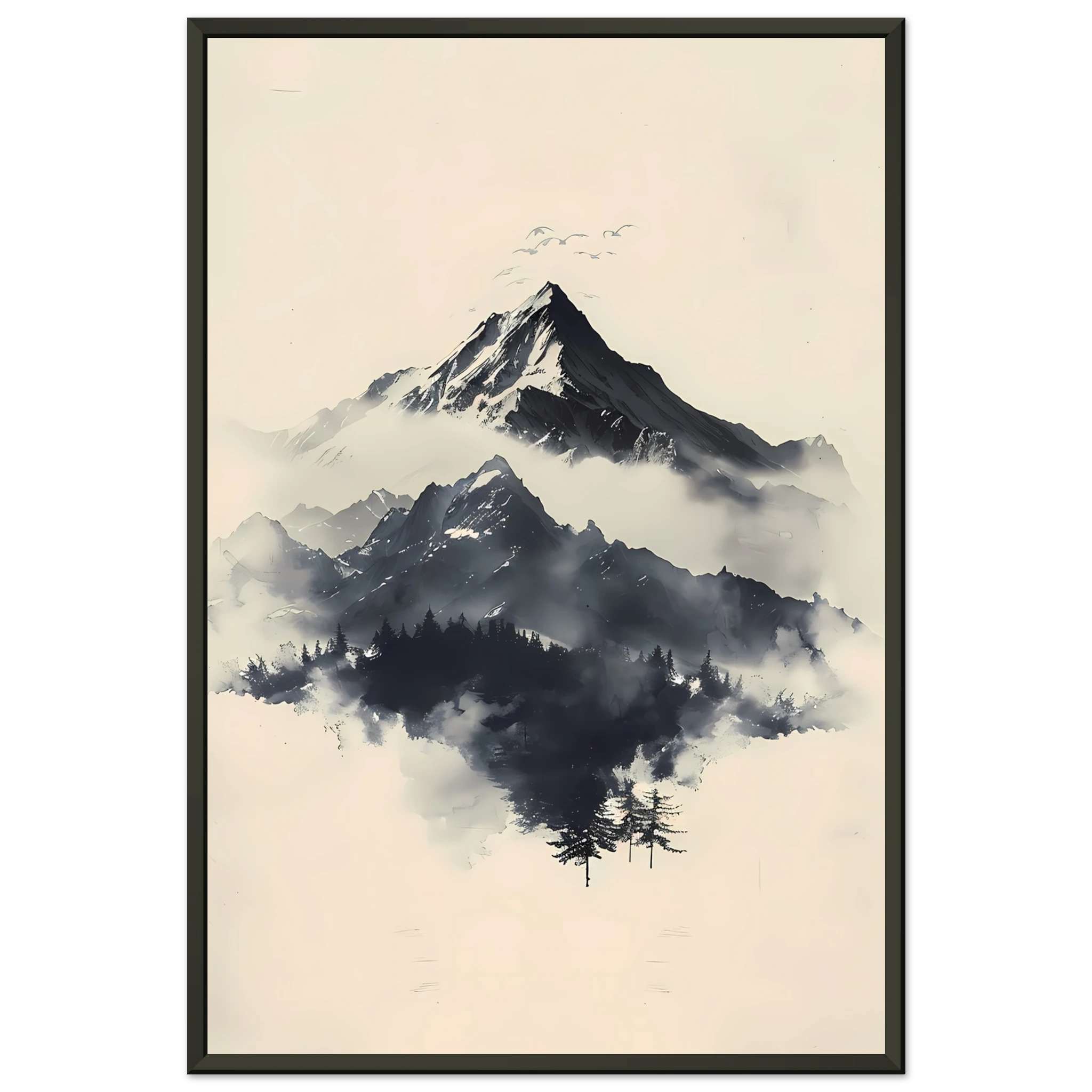 Minimal Japanese-style ink mountains with clean brush lines on parchment texture — serene wall print.