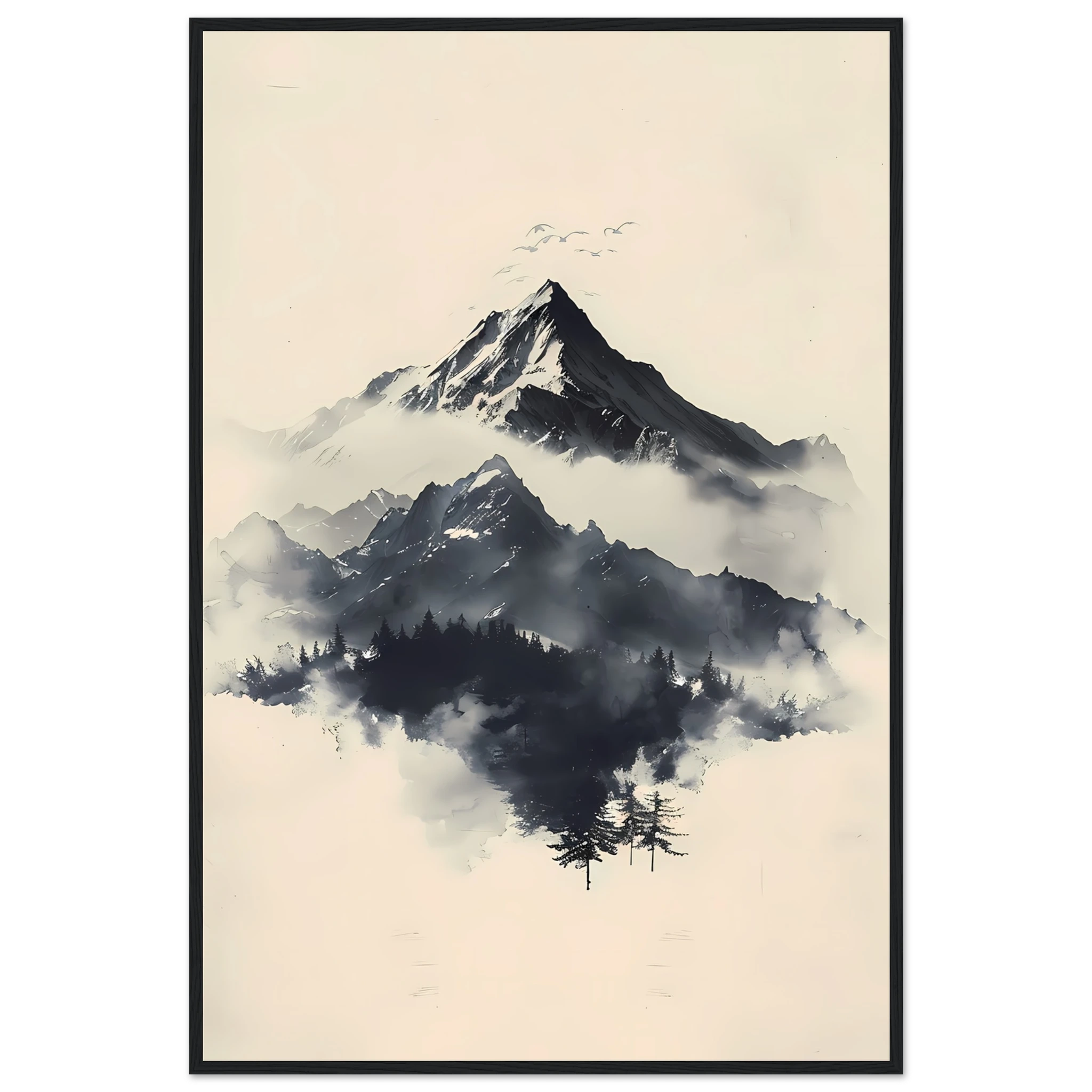 Minimal Japanese-style ink mountains with clean brush lines on parchment texture — serene wall print.