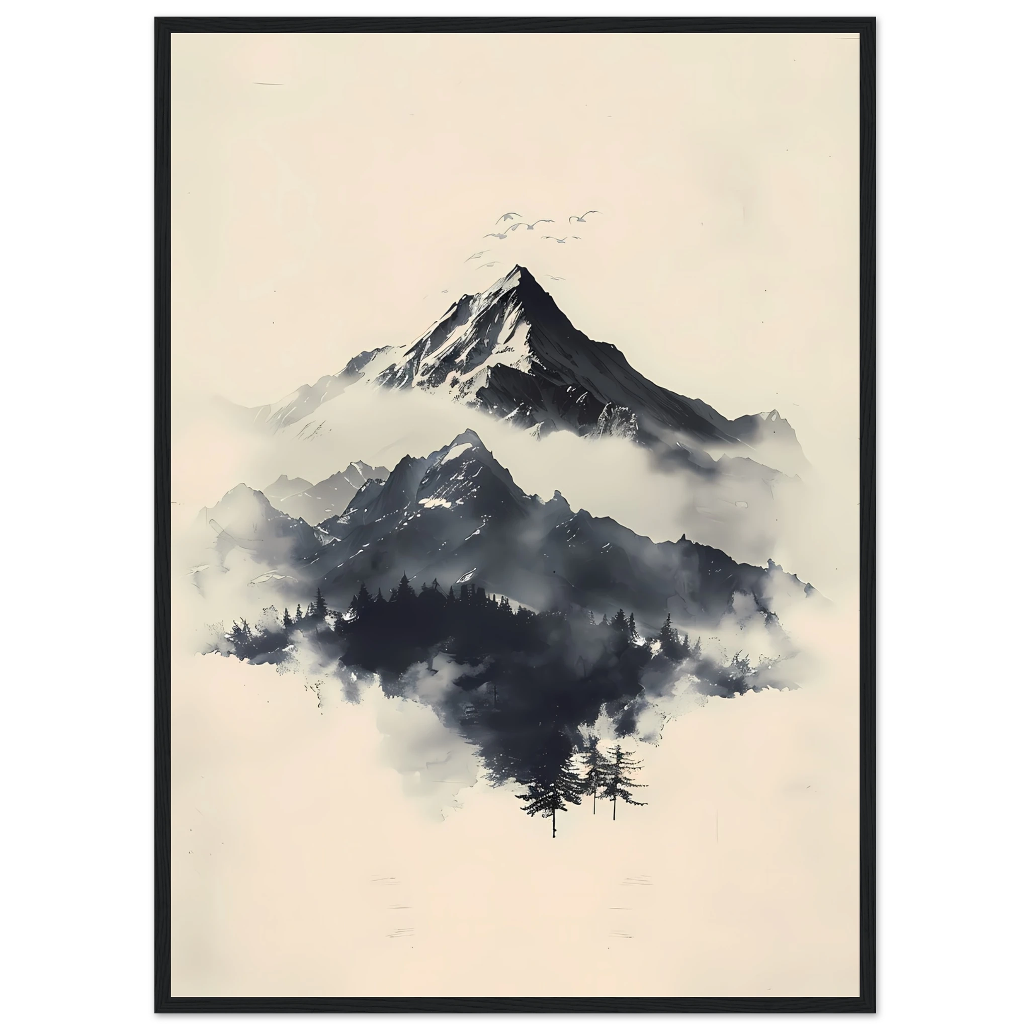 Minimal Japanese-style ink mountains with clean brush lines on parchment texture — serene wall print.