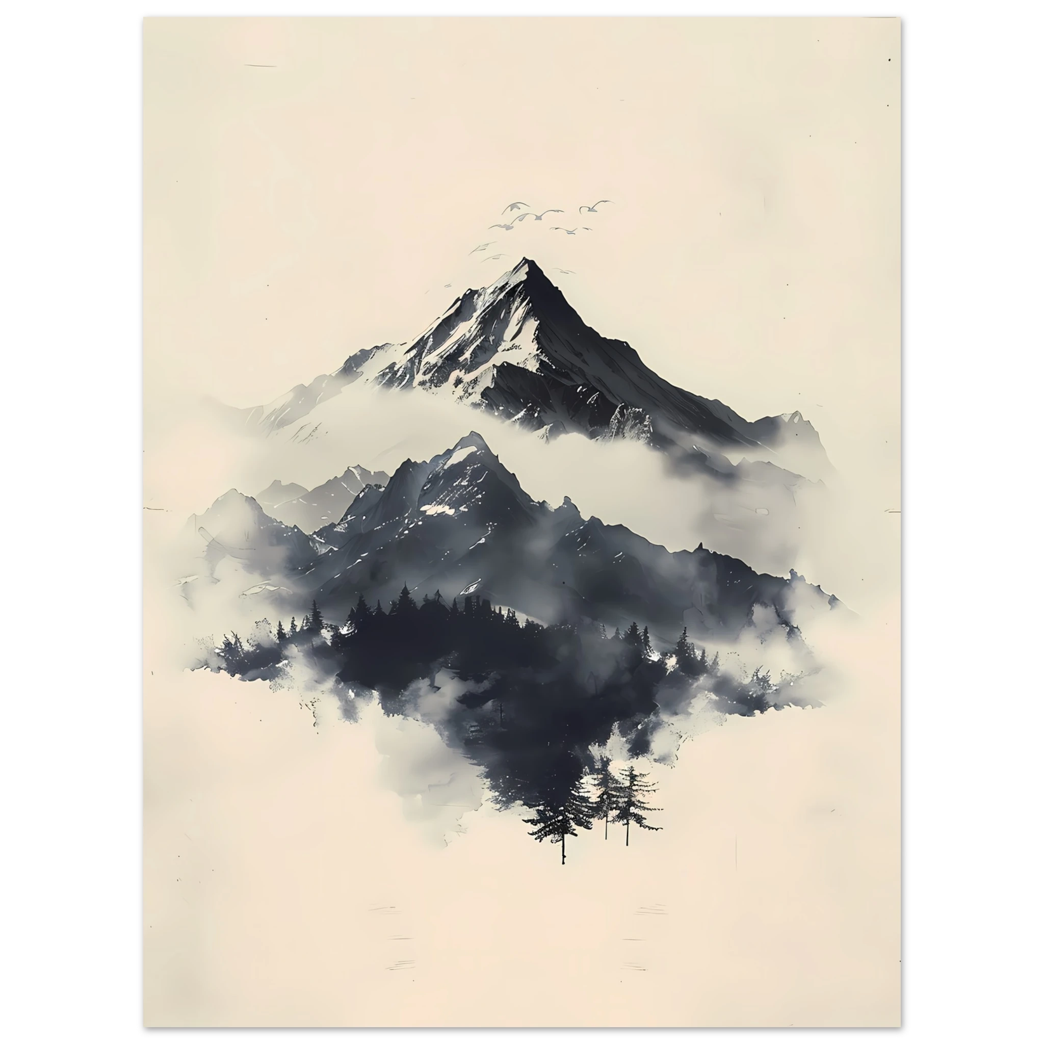 Minimal Japanese-style ink mountains with clean brush lines on parchment texture — serene wall print.