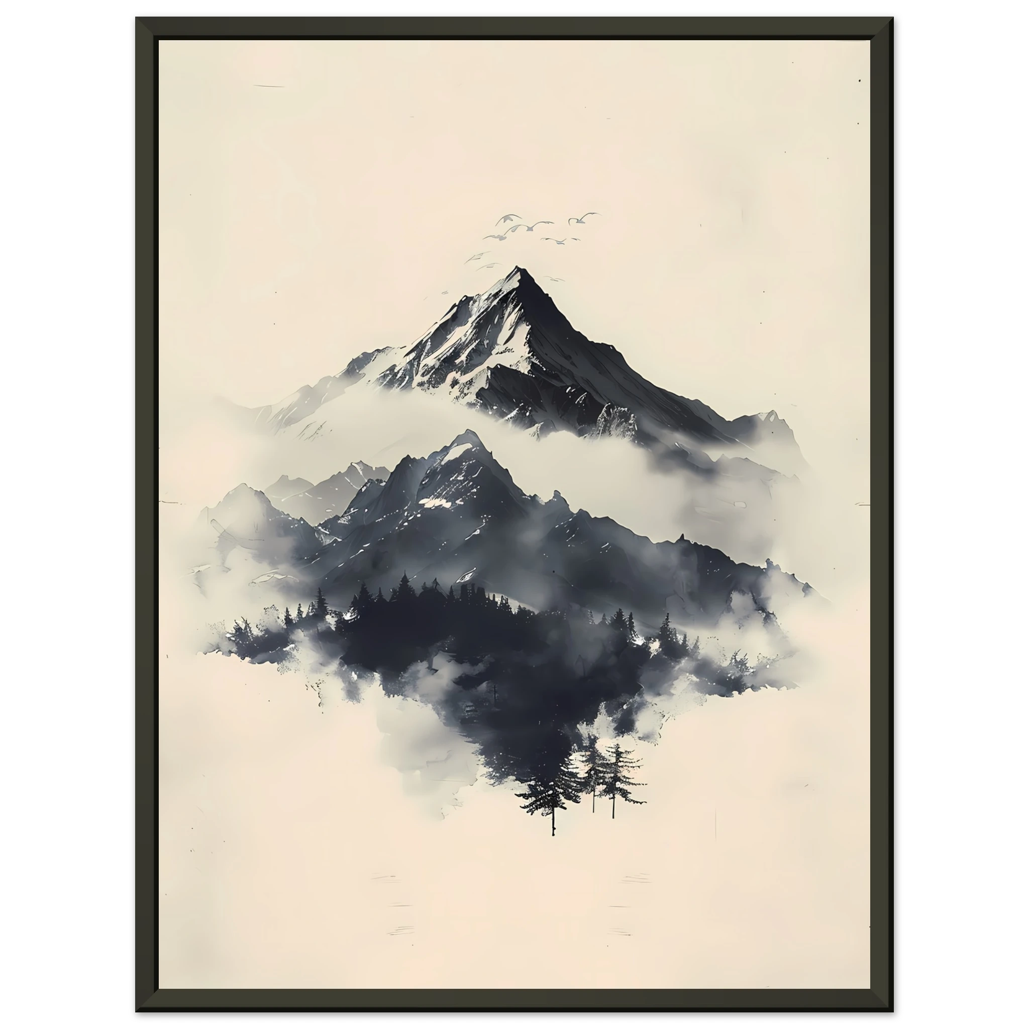 Minimal Japanese-style ink mountains with clean brush lines on parchment texture — serene wall print.