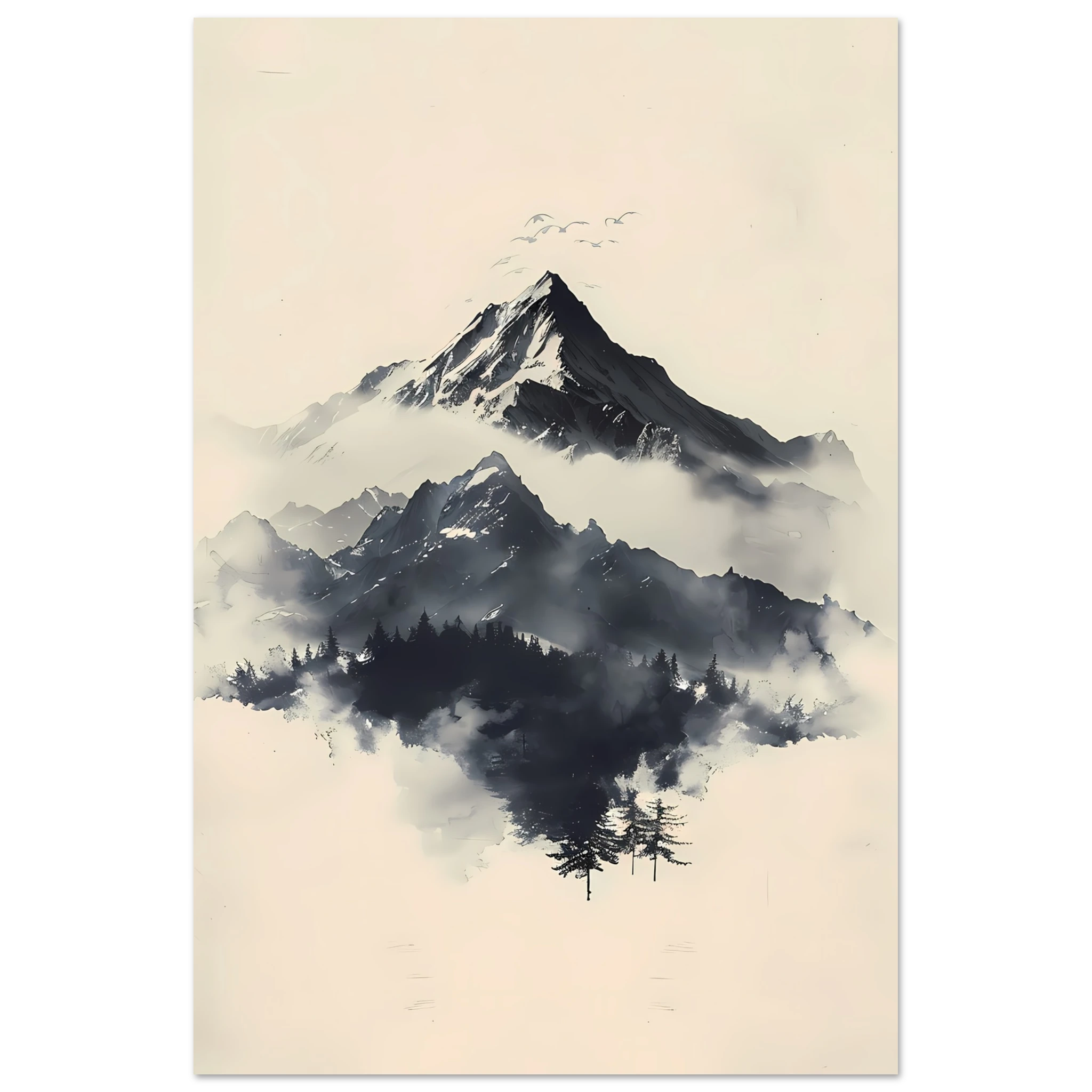 Minimal Japanese-style ink mountains with clean brush lines on parchment texture — serene wall print.