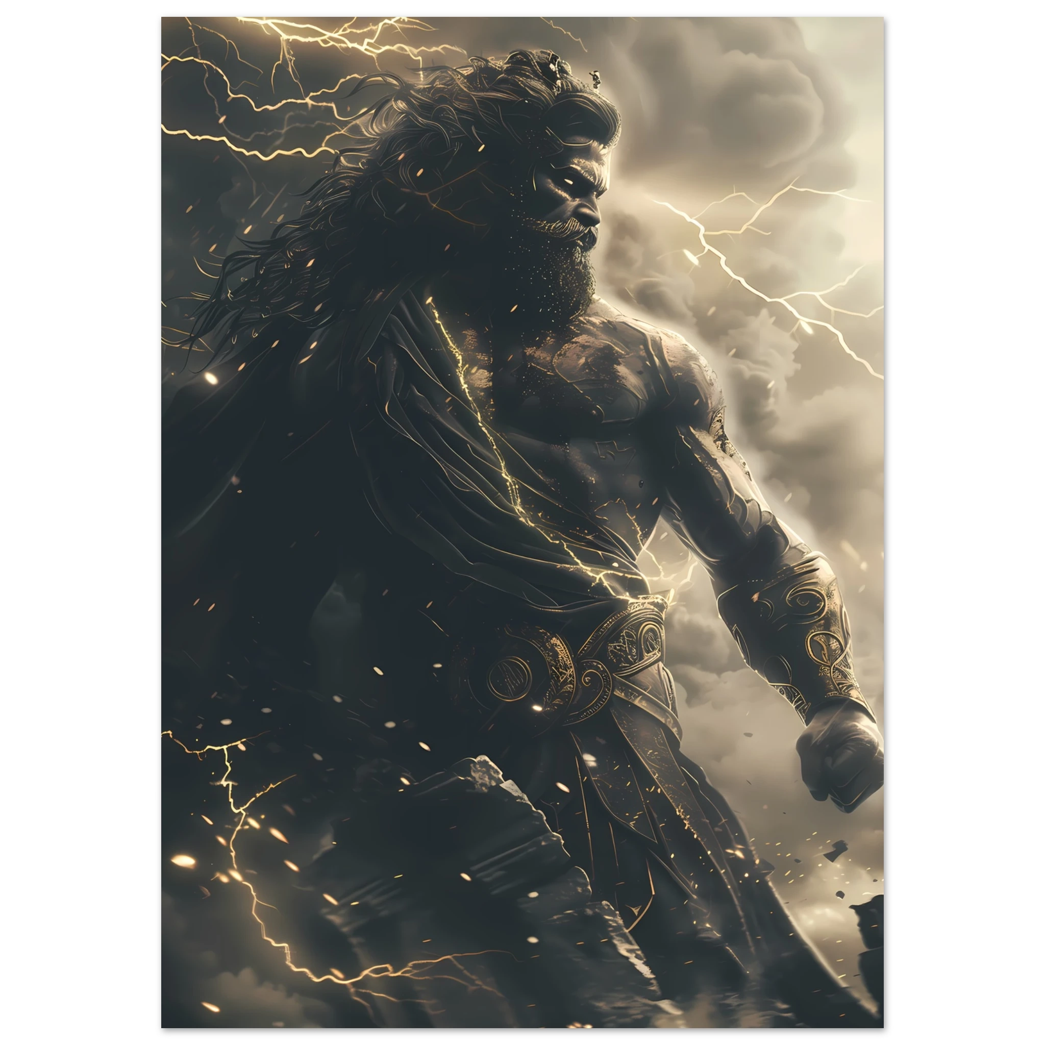 Zeus god of thunder casting lightning across clouds — Greek mythology fantasy art.