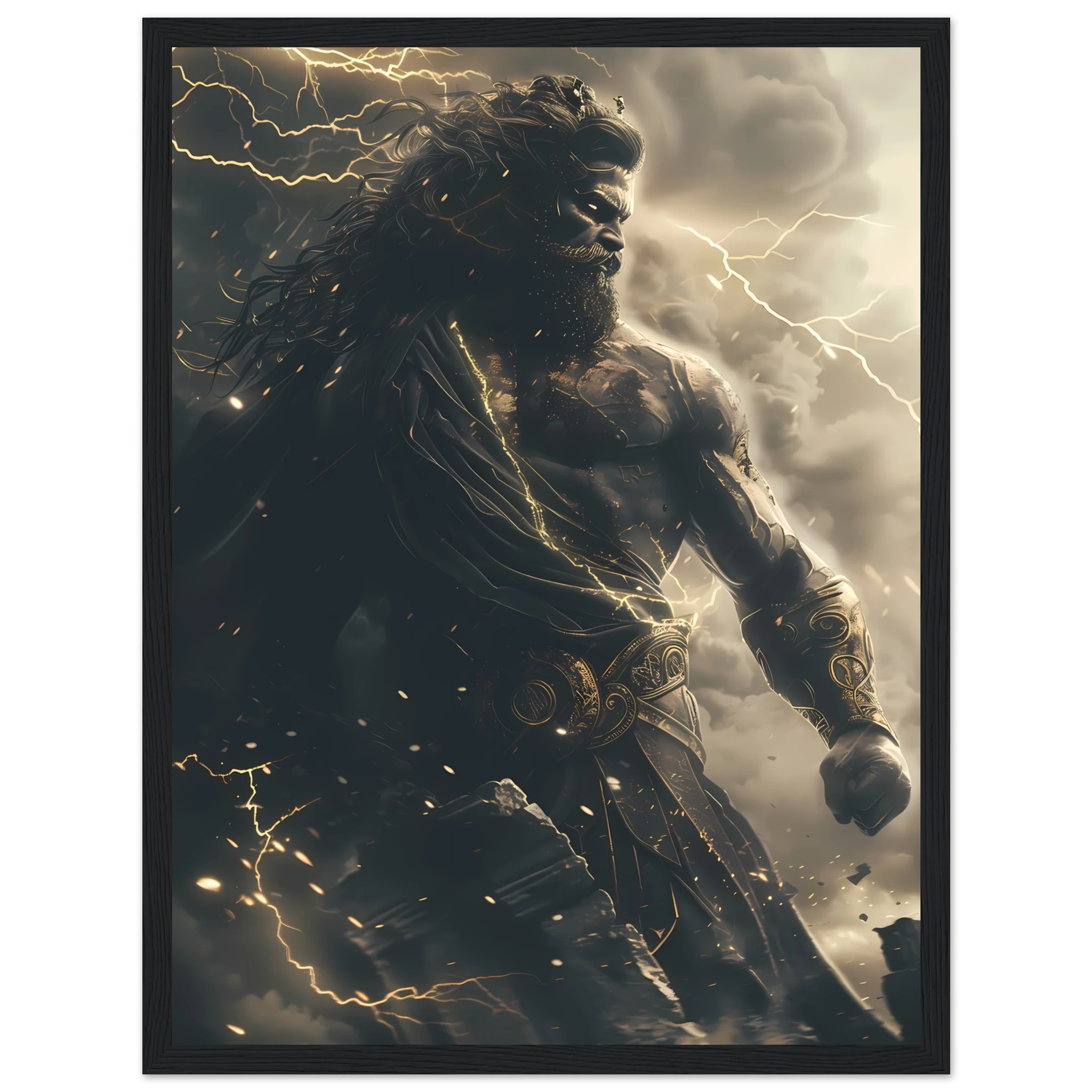 Zeus god of thunder casting lightning across clouds — Greek mythology fantasy art.