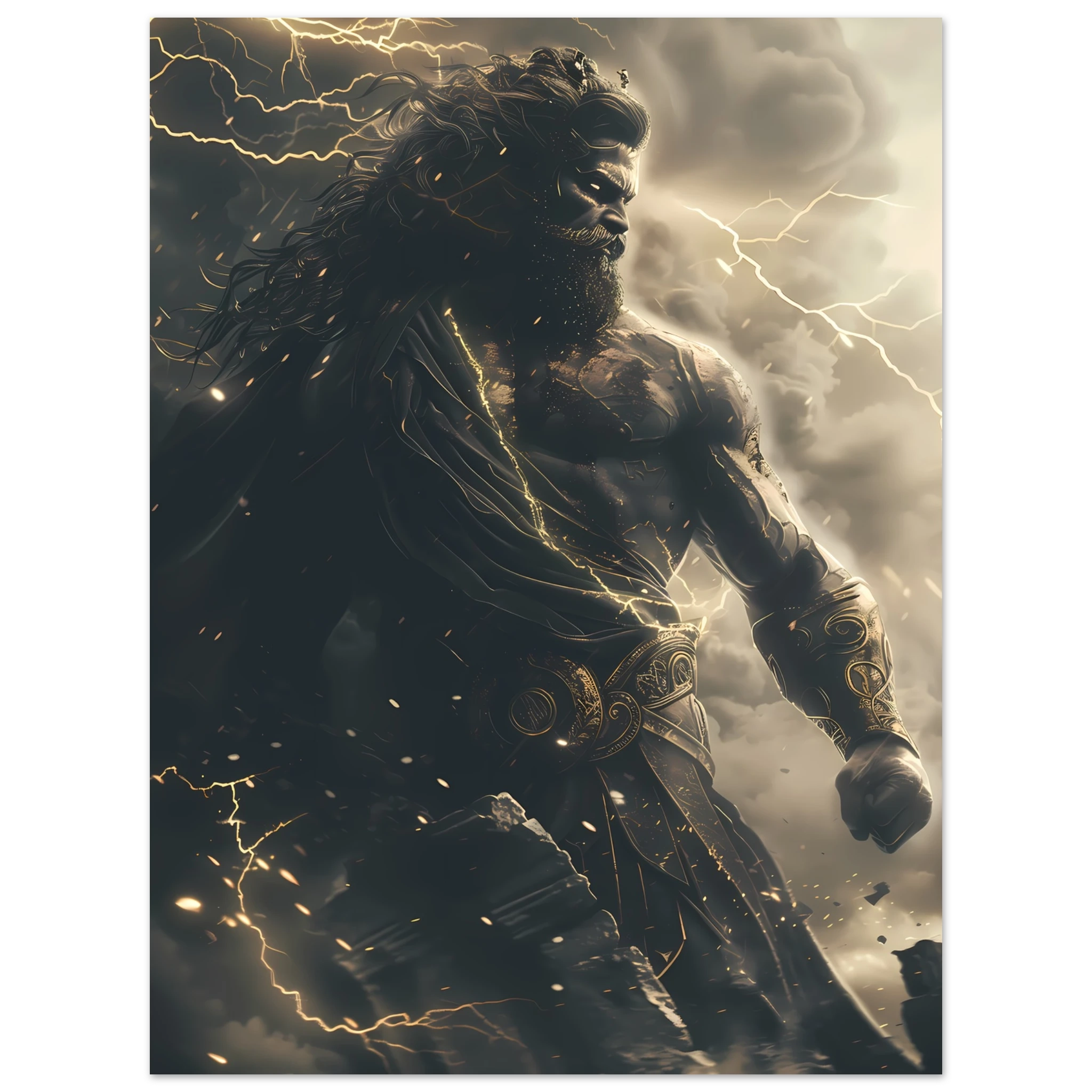 Zeus god of thunder casting lightning across clouds — Greek mythology fantasy art.