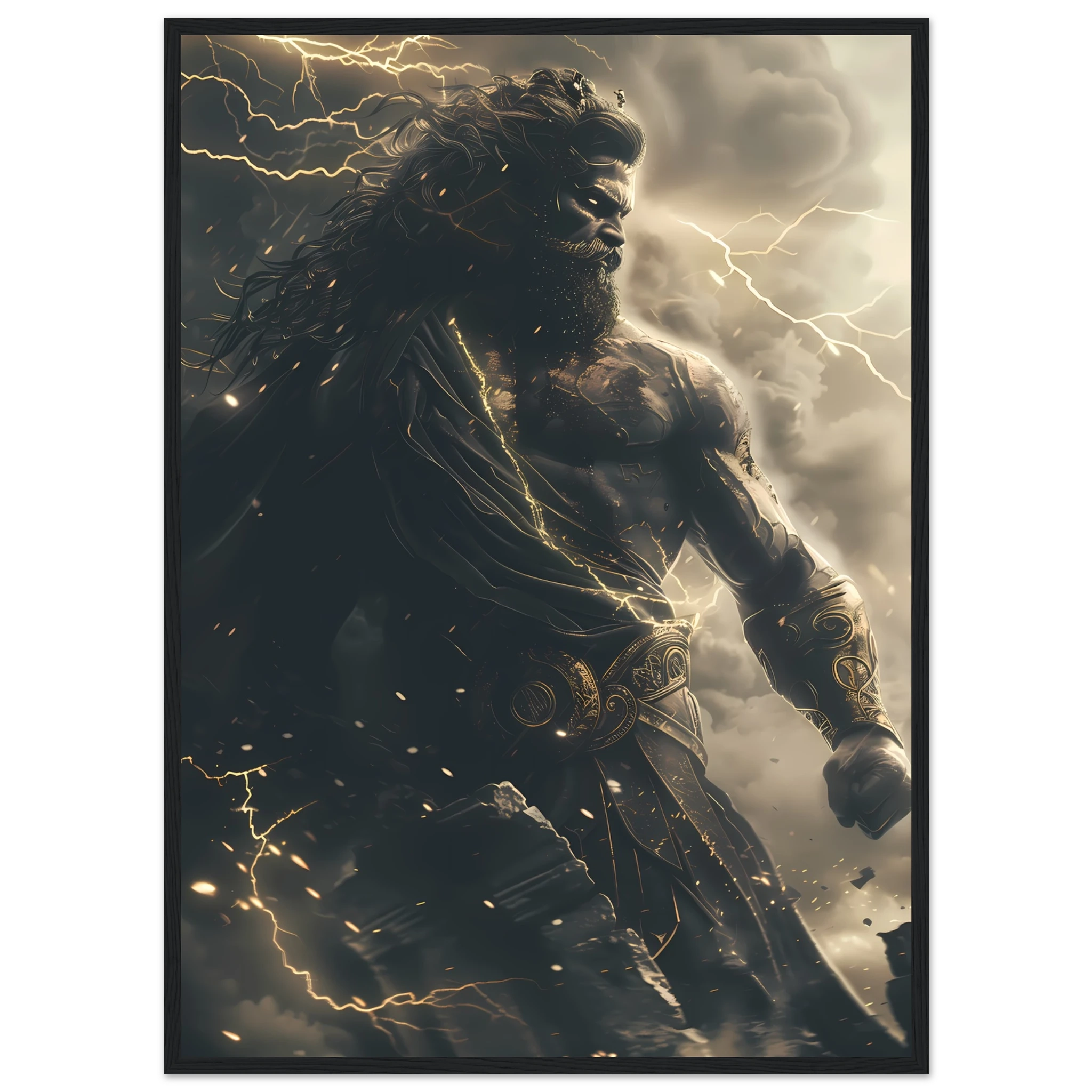 Zeus god of thunder casting lightning across clouds — Greek mythology fantasy art.