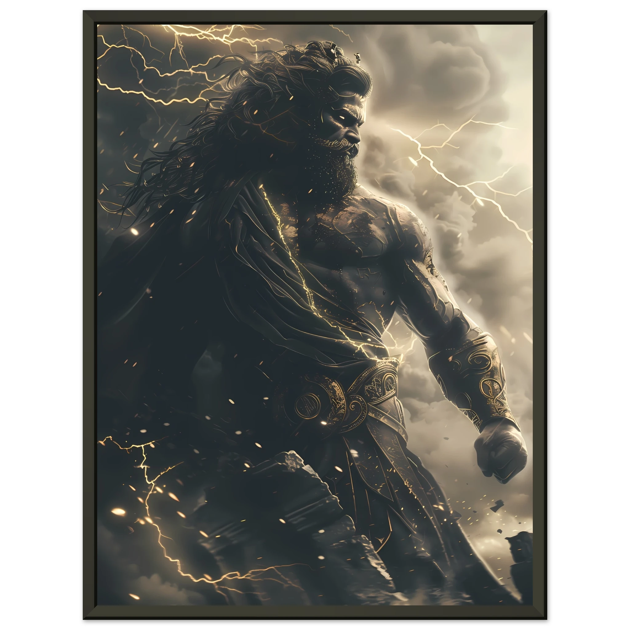 Zeus god of thunder casting lightning across clouds — Greek mythology fantasy art.