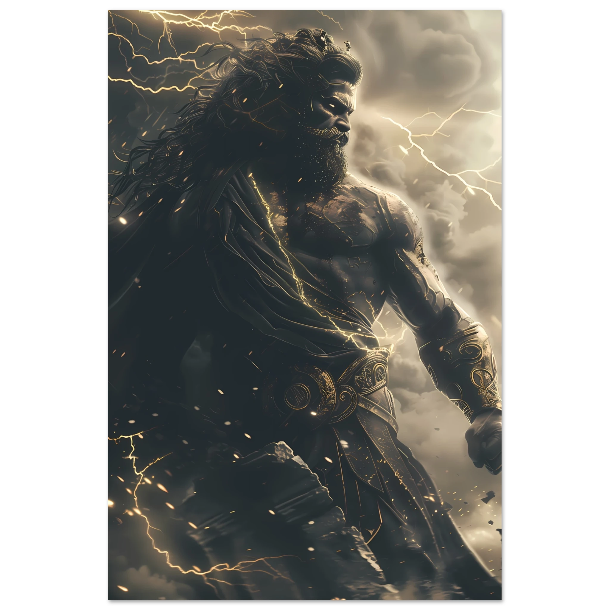Zeus god of thunder casting lightning across clouds — Greek mythology fantasy art.
