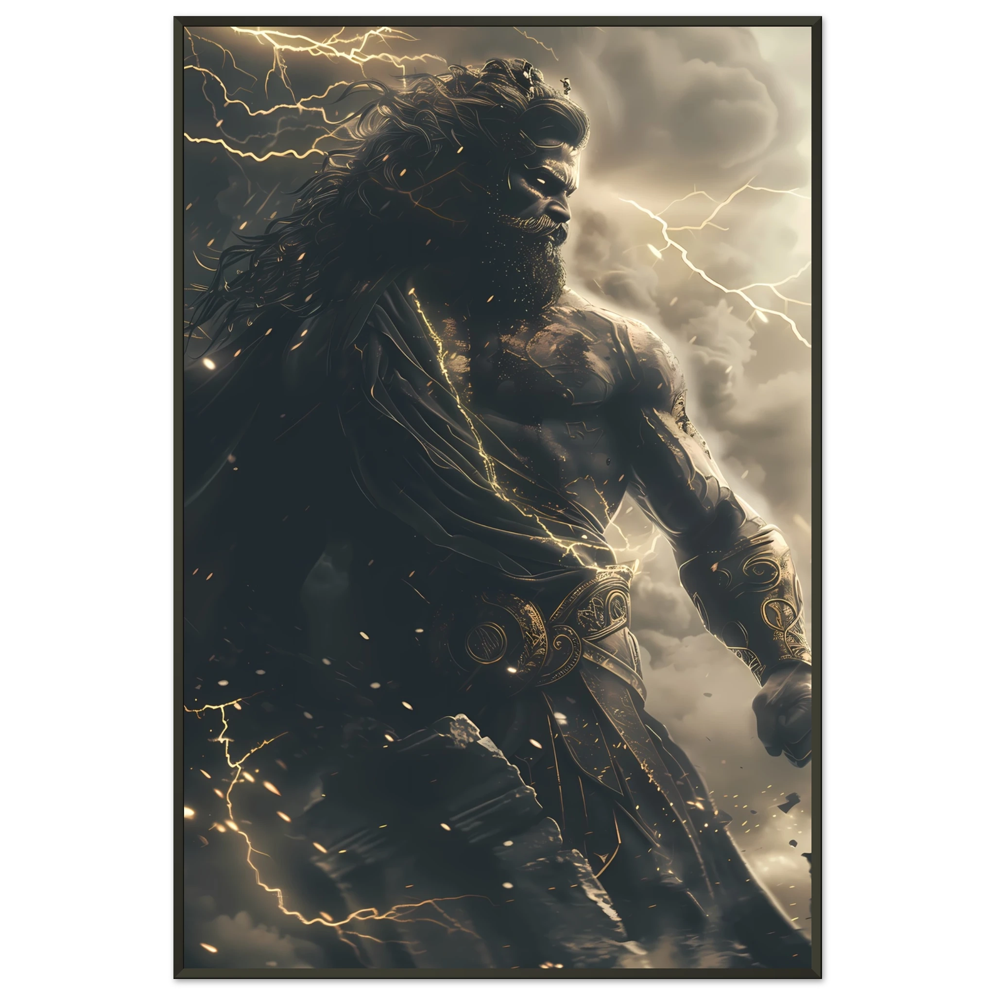 Zeus god of thunder casting lightning across clouds — Greek mythology fantasy art.